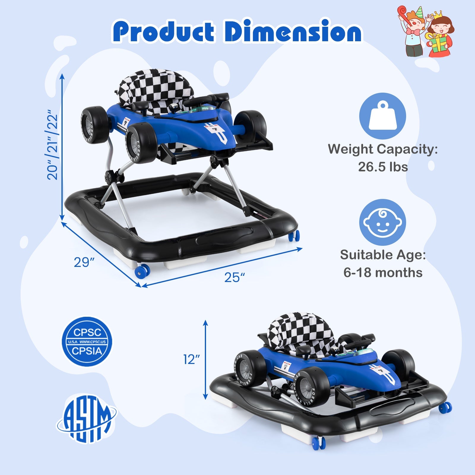 4-in-1 Baby Push Walker Activity Center Height Adjustable with Music Box