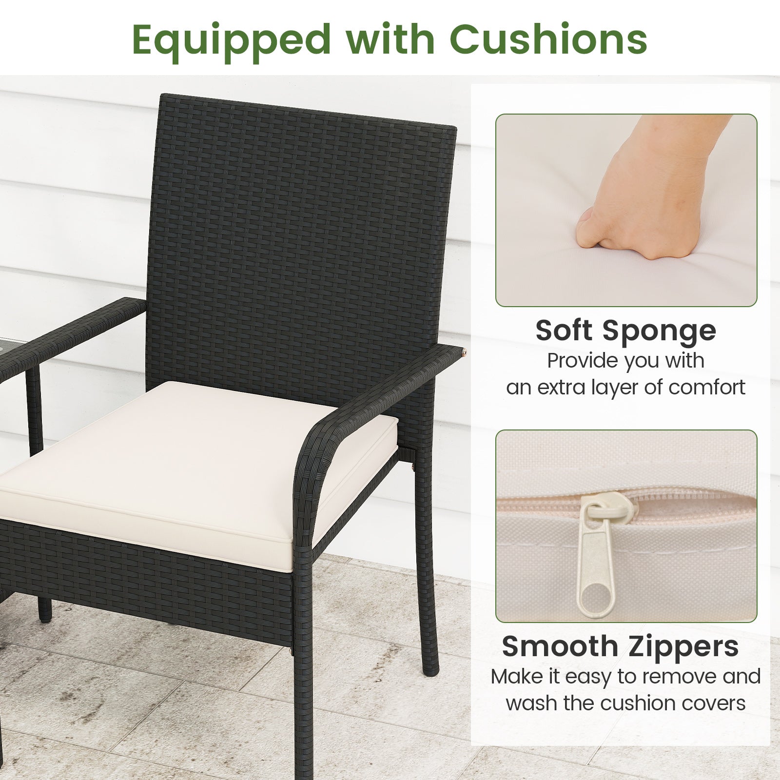 3 Piece Patio Furniture Set with Seat Cushions and Tempered Glass Tabletop