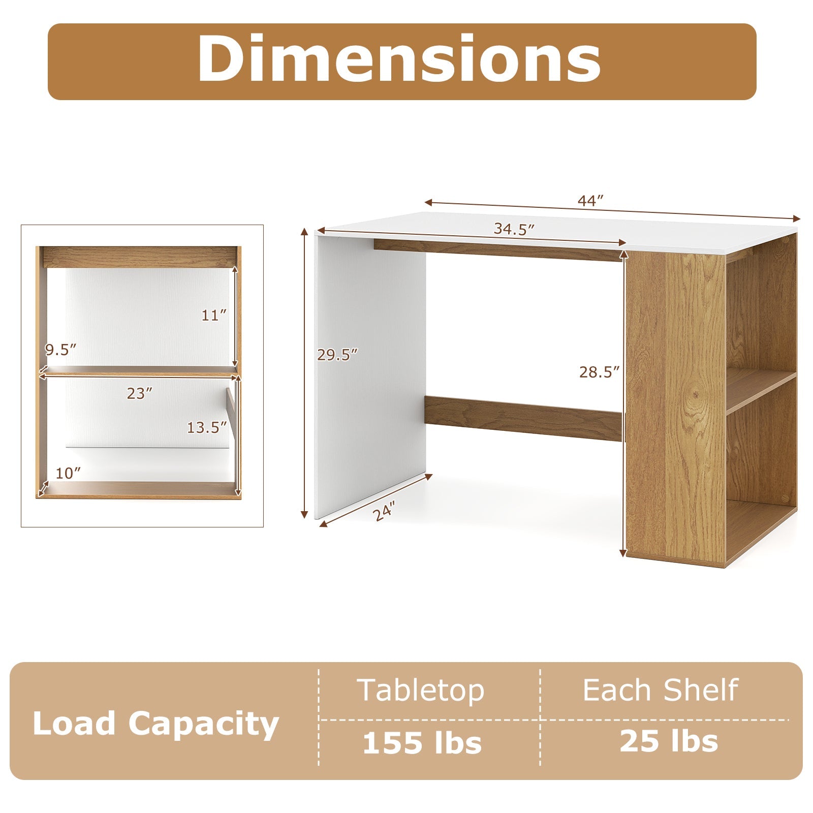 44 Inch Wooden Computer Desk with Bookshelf for Small Space