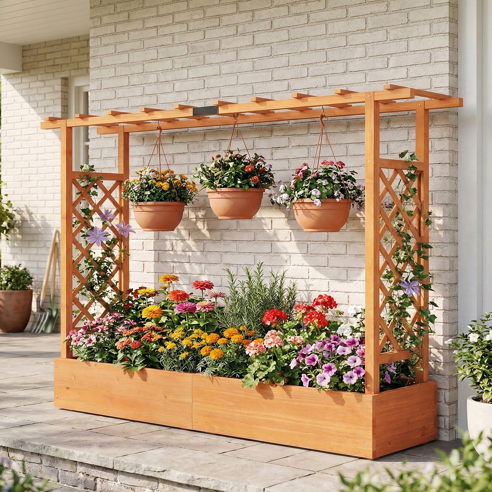 45 Inch Tall Wooden Raised Garden Bed with Side Trellis and Hanging Roof Drainage Holes
