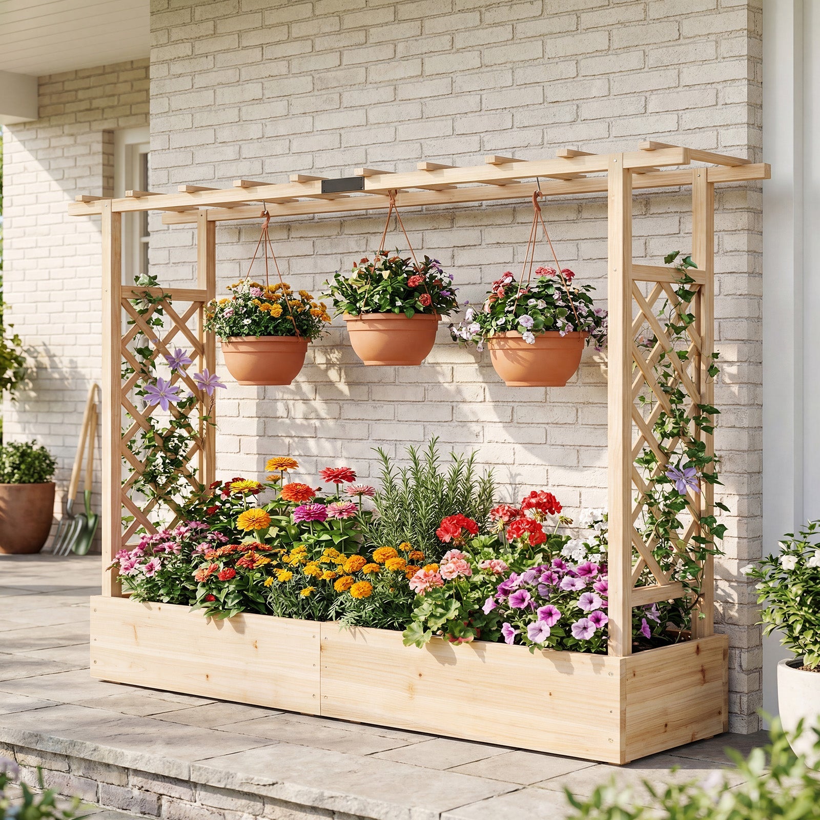 45 Inch Tall Wooden Raised Garden Bed with Side Trellis and Hanging Roof Drainage Holes