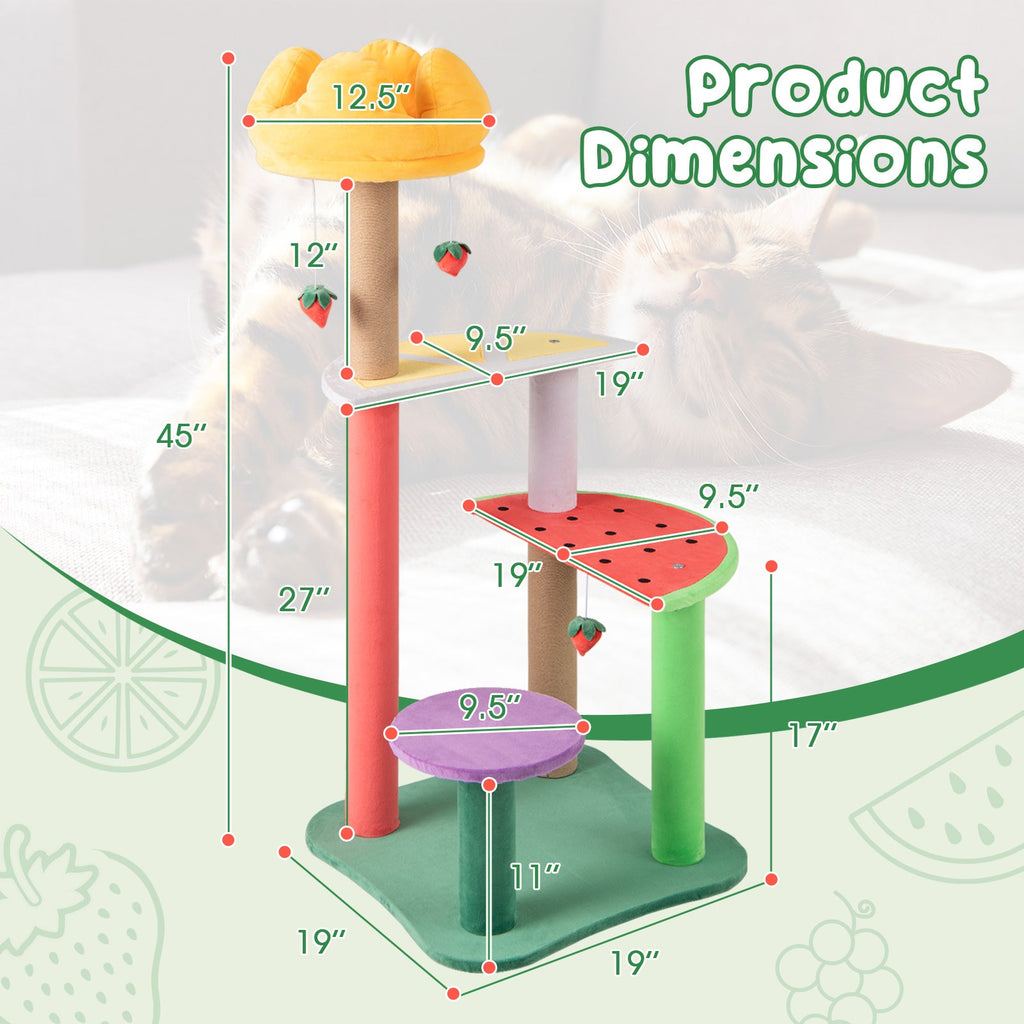 45 Inch Multi-Level Cat Tree with Plush Padded Top Perch and Fruit-Shaped Platforms