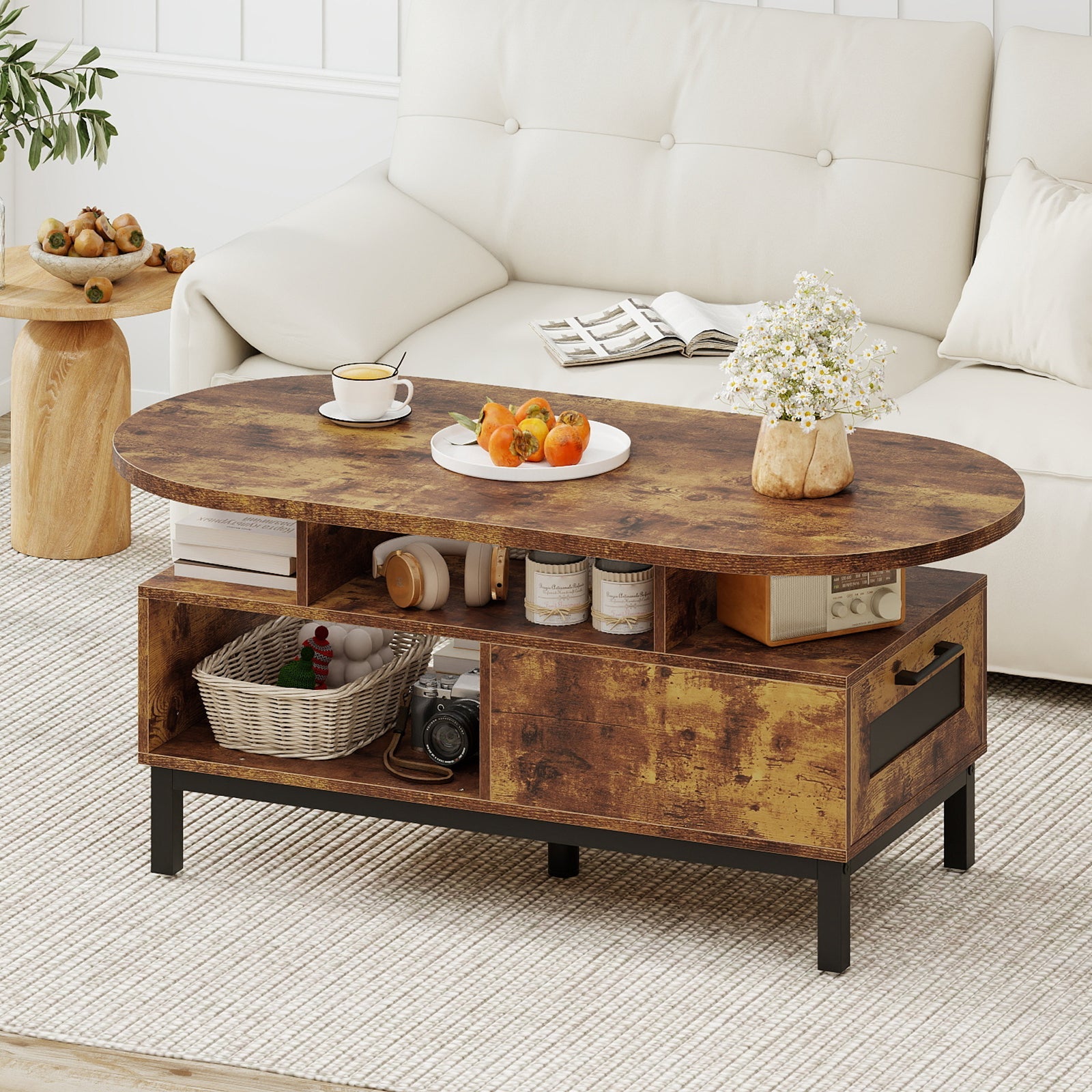 47 Inch Oval Coffee Table with Storage and Open Compartments for Living Room
