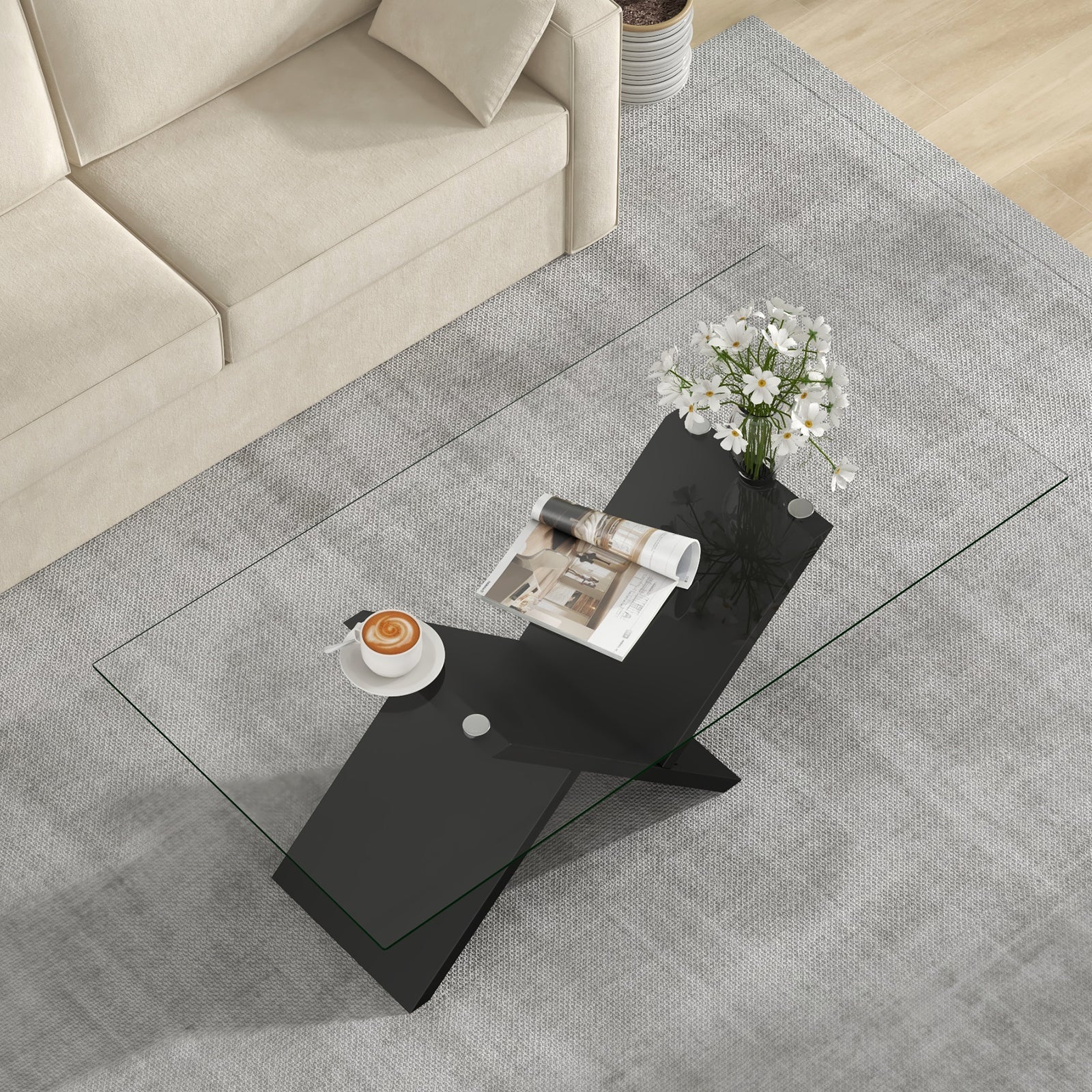 47 Inch Rectangle Glass Coffee Table Modern Center Table with Tempered Glass Tabletop-Black