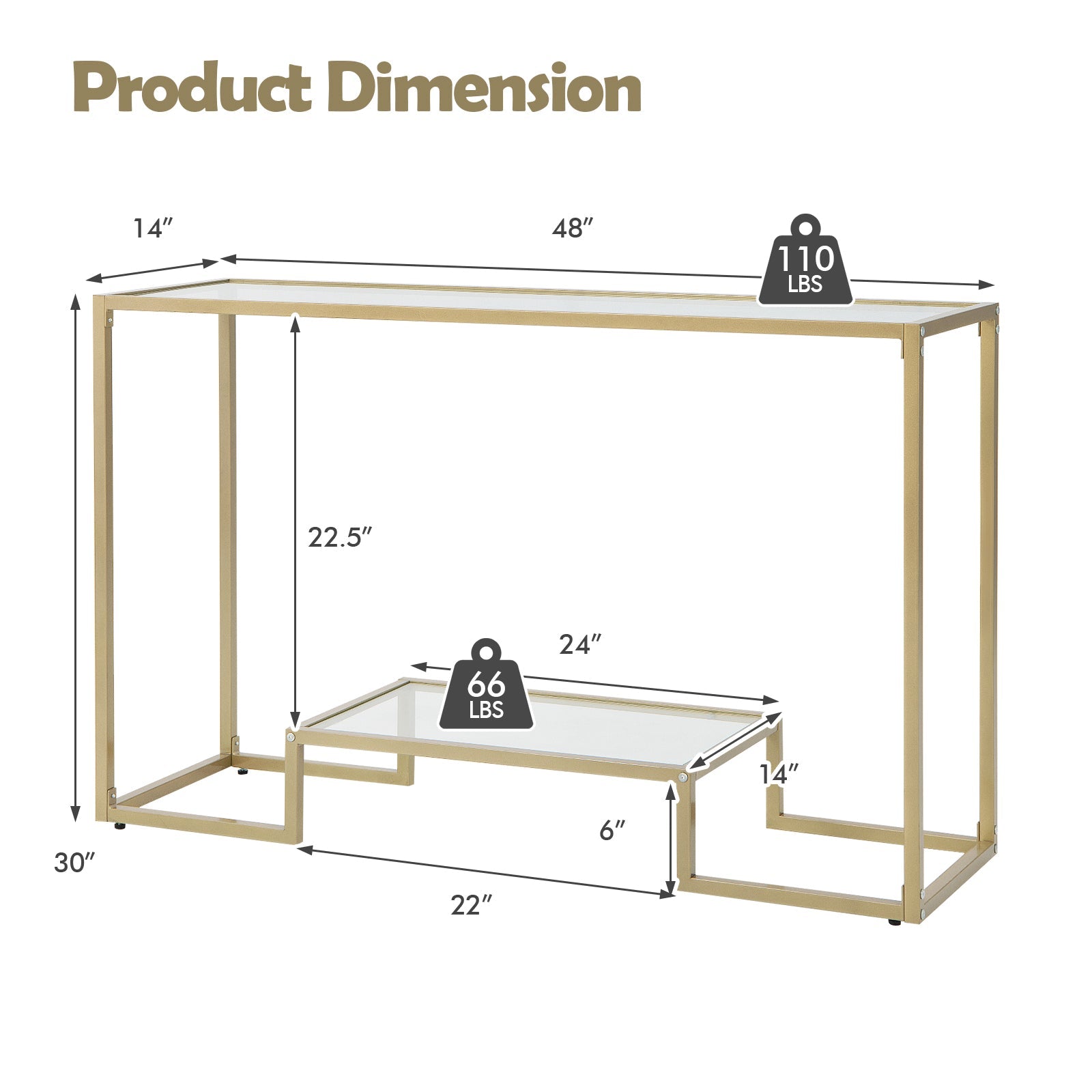 48 Inch 2-Tier Console Table with Tempered Glass Tabletop for Hallway-Golden