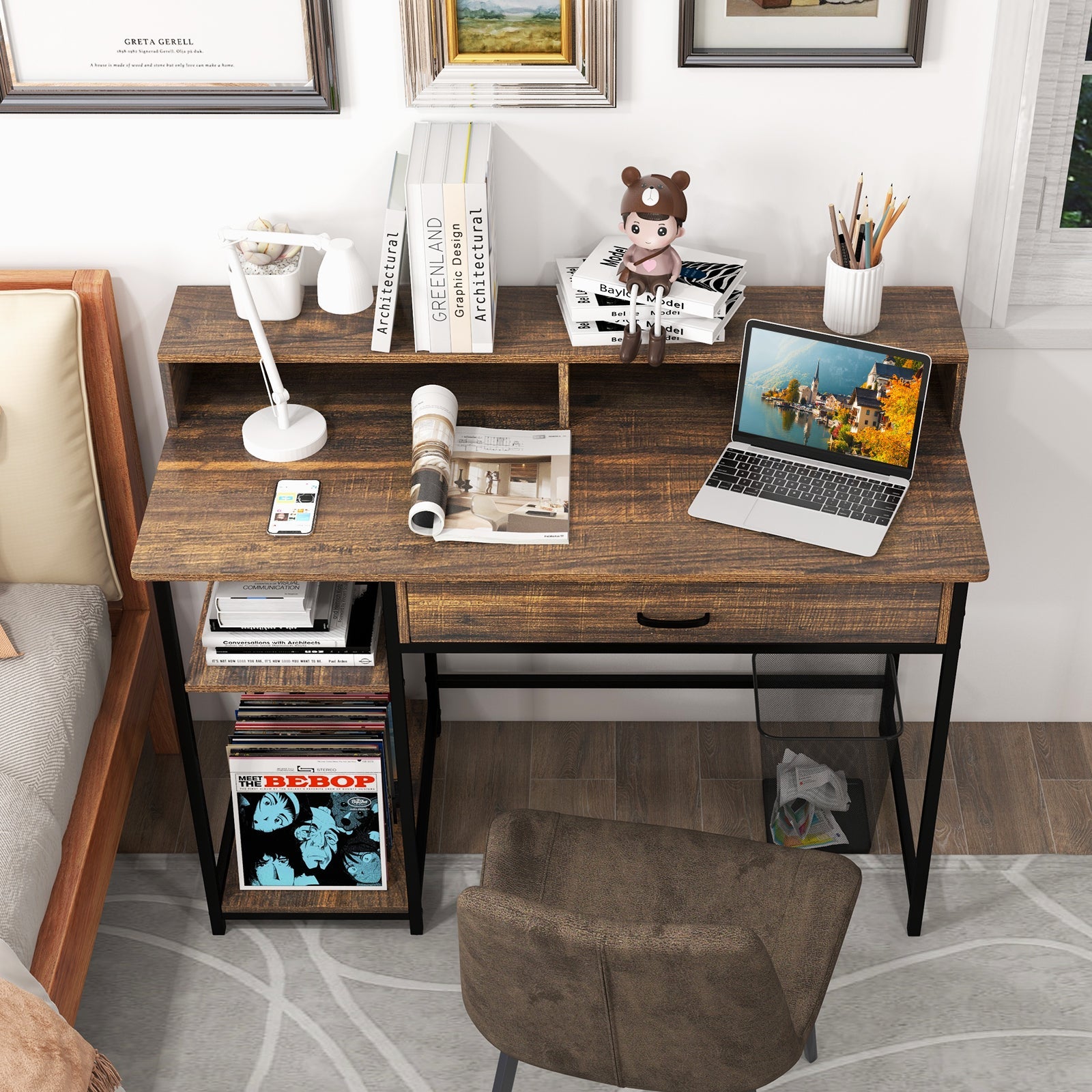 48 Inch Computer Desk with Monitor Stand Drawer and Shelves