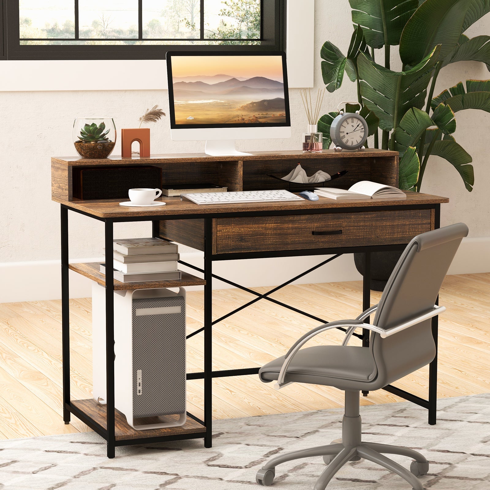 48 Inch Computer Desk with Monitor Stand Drawer and Shelves