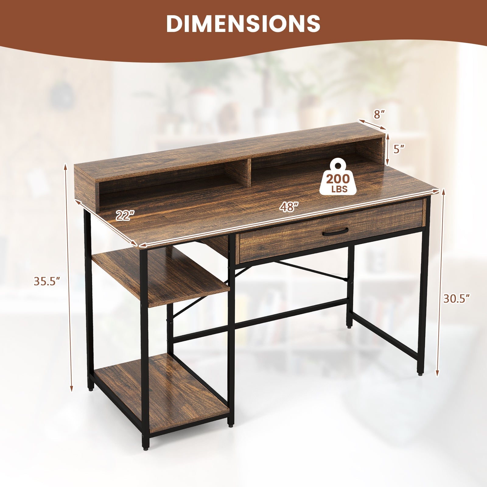 48 Inch Computer Desk with Monitor Stand Drawer and Shelves