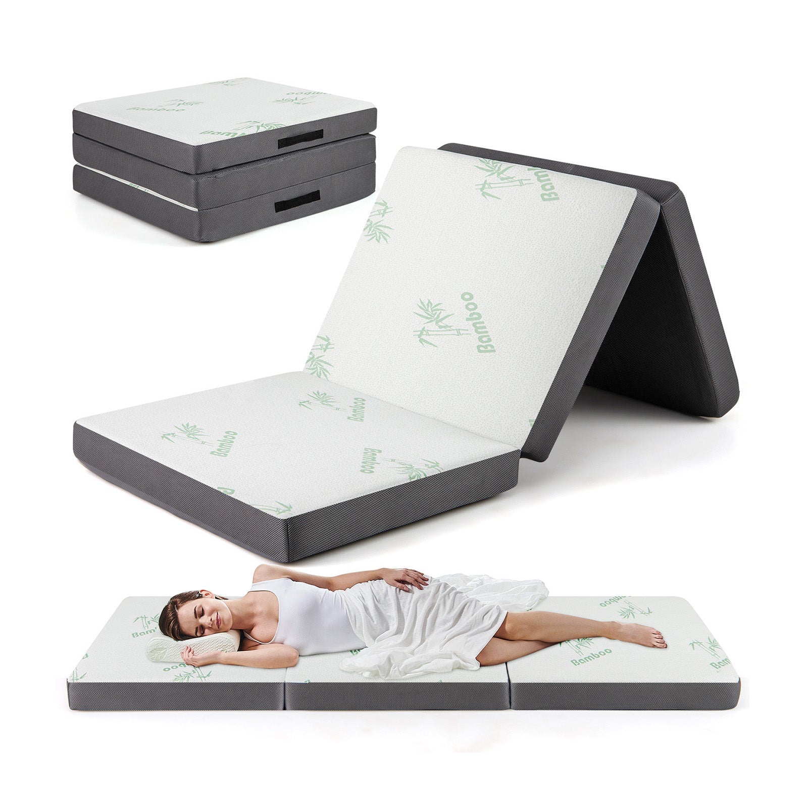 4 Inch Tri-Fold Foam Mattress with Washable Cover for Yoga Guest Mat-Gray