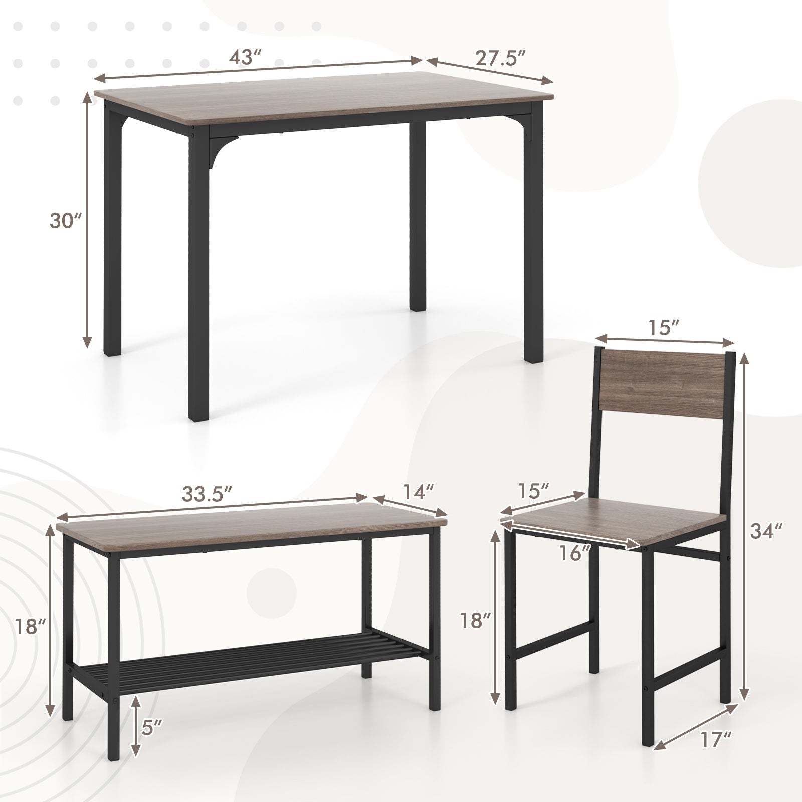 4 Pieces Rustic Dining Table Set with 2 Chairs and Bench