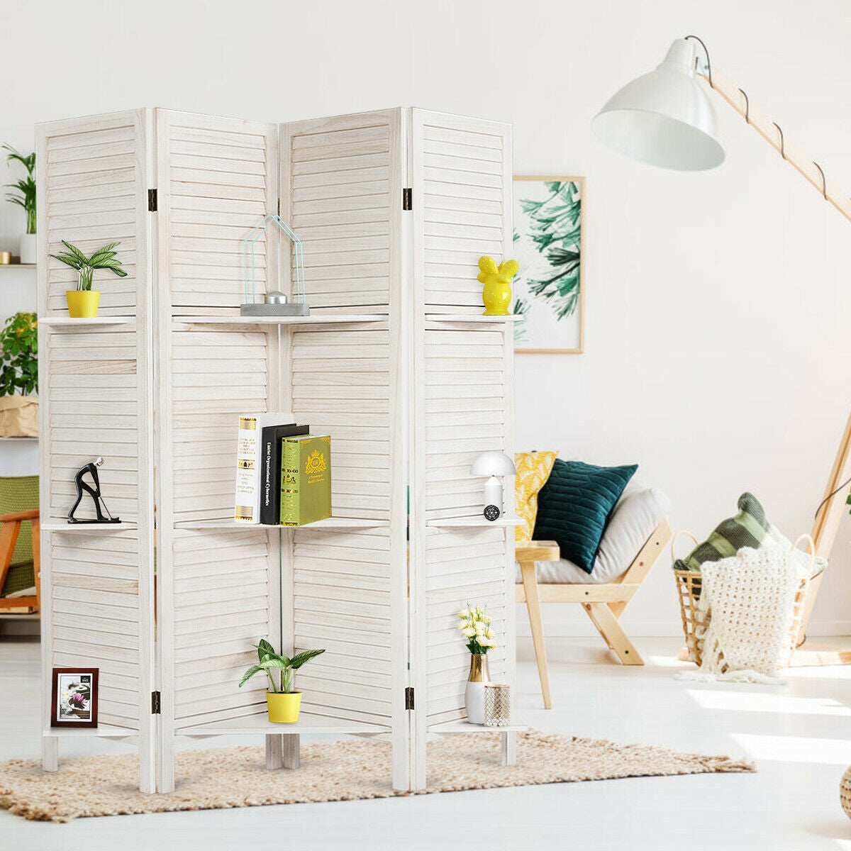 4 Panel Folding Room Divider Screen with 3 Display Shelves