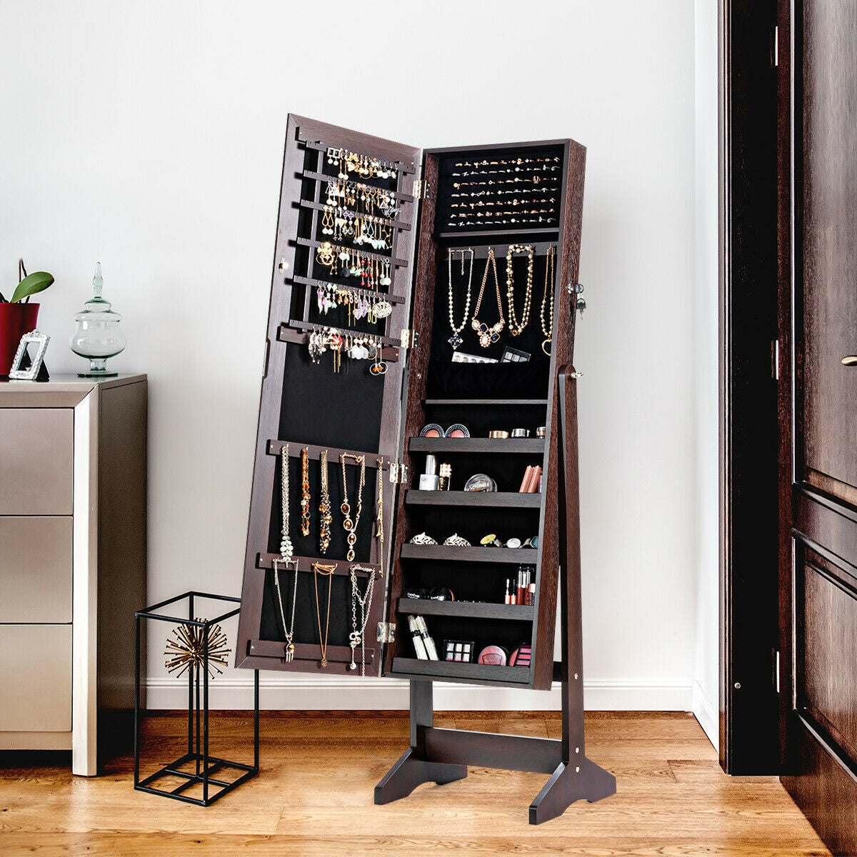 Jewelry Cabinet Stand Mirror Armoire with Large Storage Box