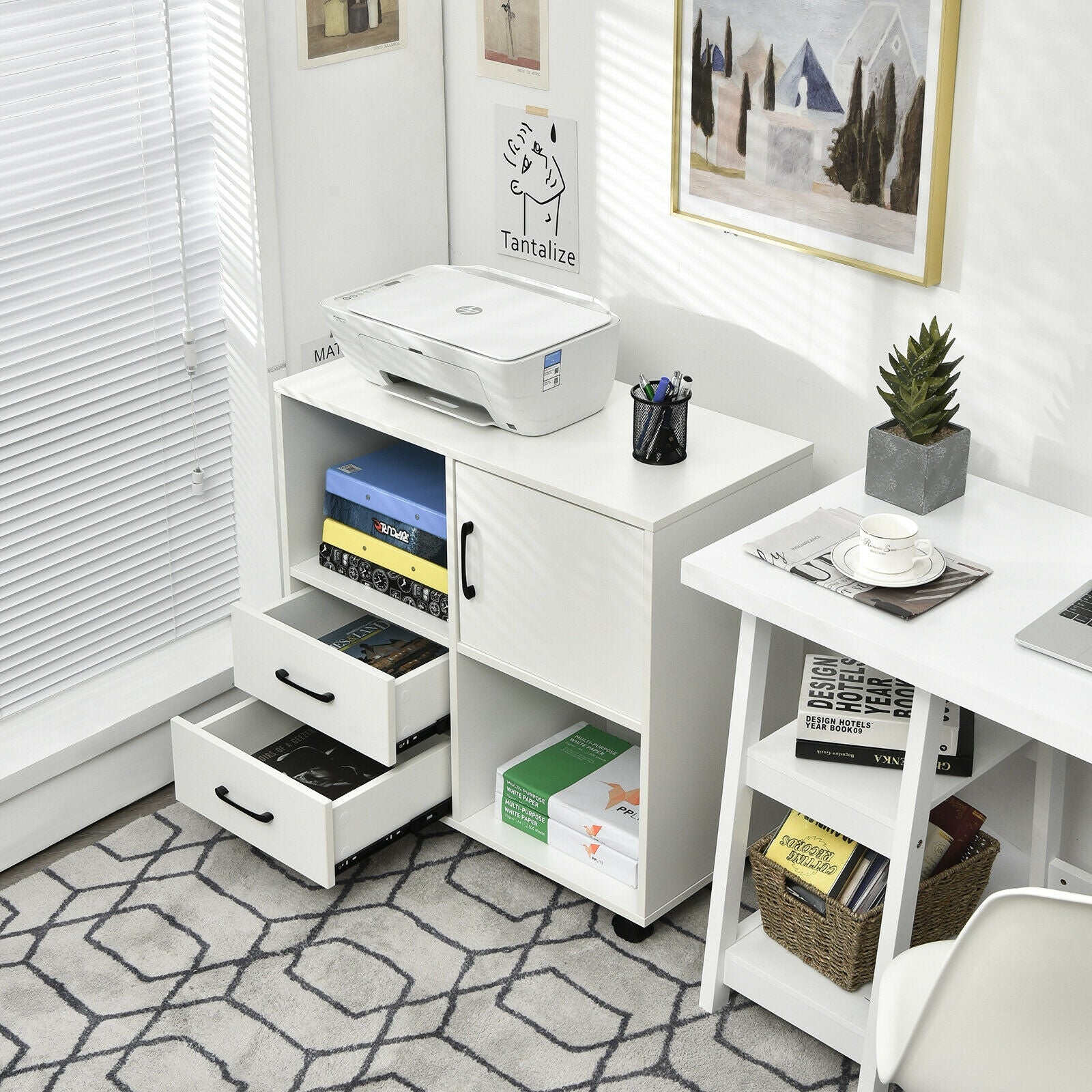 Mobile File Cabinet with Lateral Printer Stand and Storage Shelves