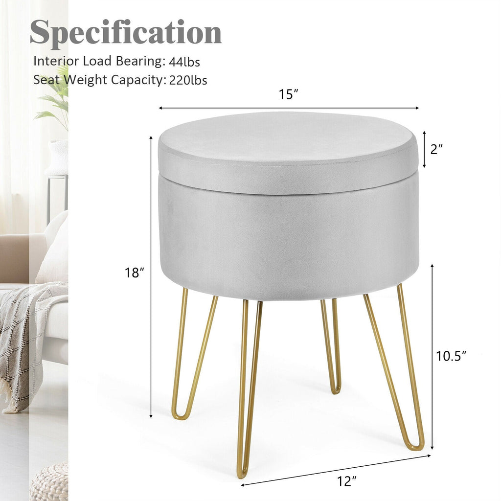 Round Velvet Storage Ottoman Footrest Stool Vanity Chair with Metal Legs
