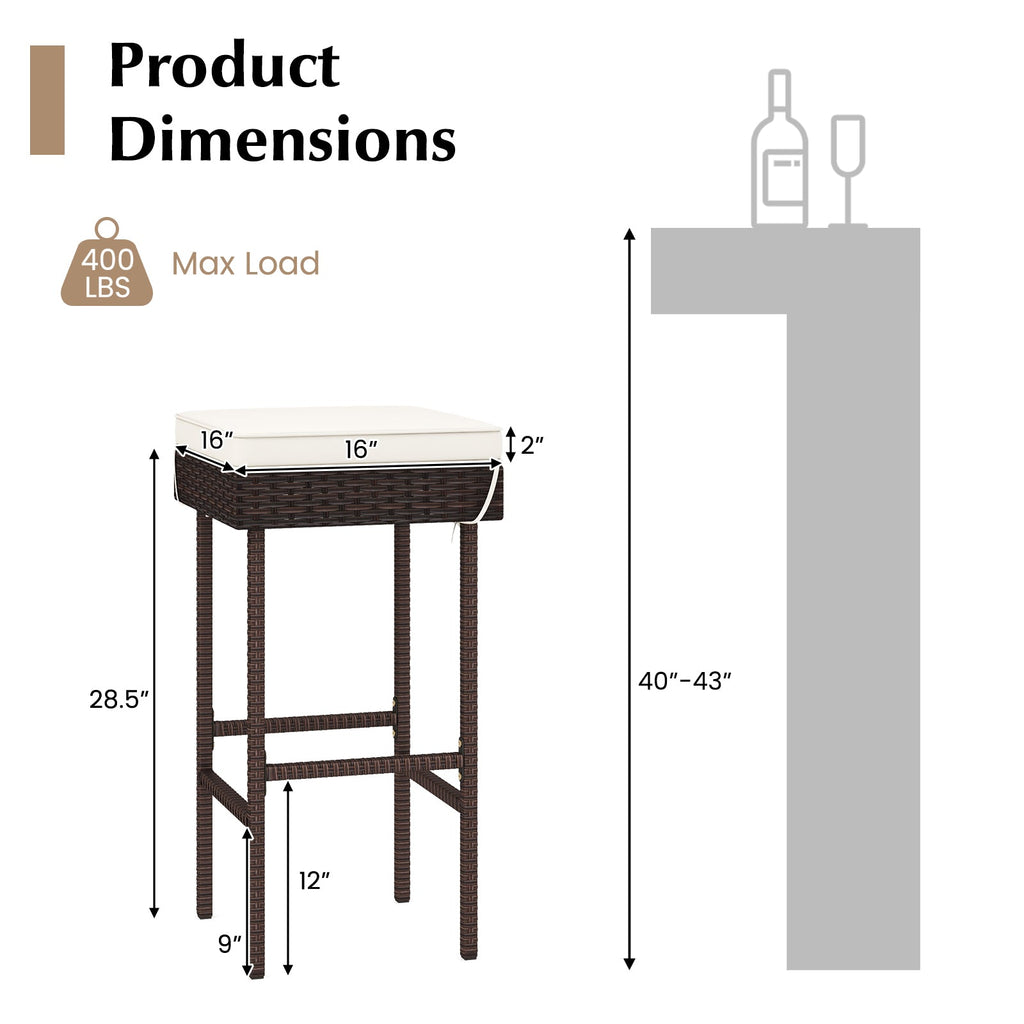 Patio Rattan Barstools Set of 2/4 with Footrest and Soft Cushions for Backyard Balcony-4 Pieces