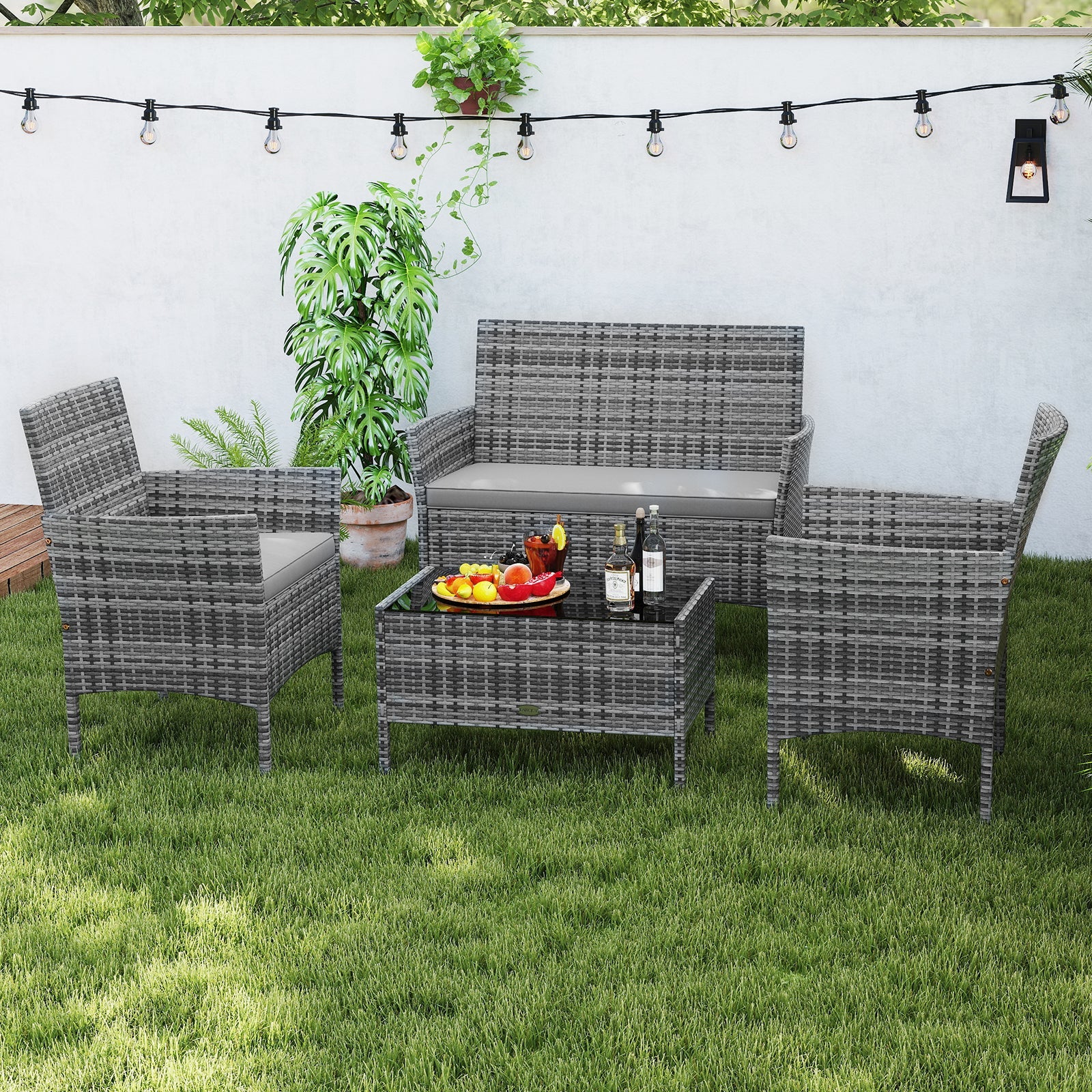 4 Pieces Patio Rattan Conversation Set with Tempered Glass Coffee Table
