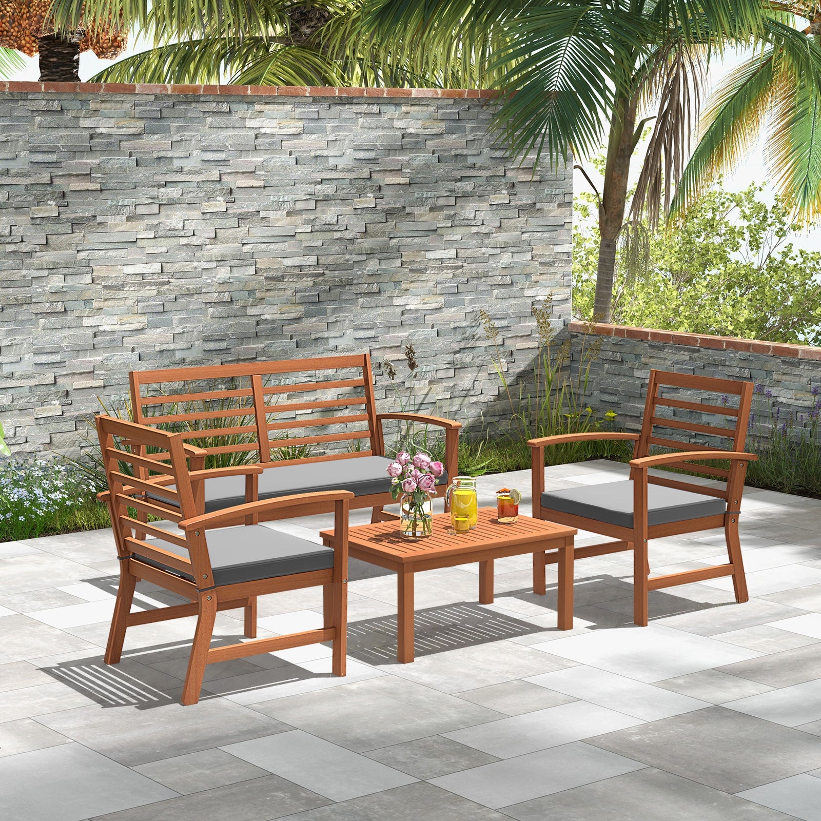 4 Pieces Outdoor Furniture Set with Stable Acacia Wood Frame