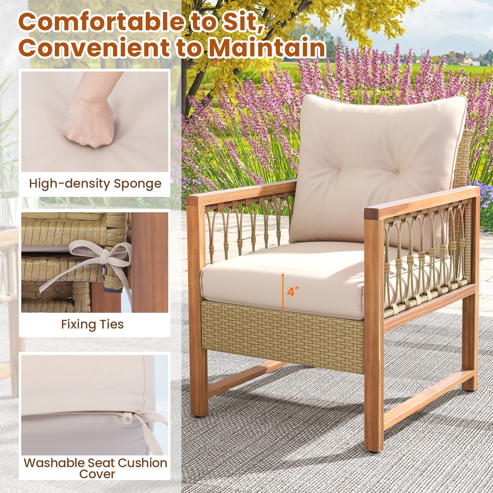 4 Pieces Outdoor Patio PE Wicker Conversation Bistro Set with Acacia Wood Frame-Brown
