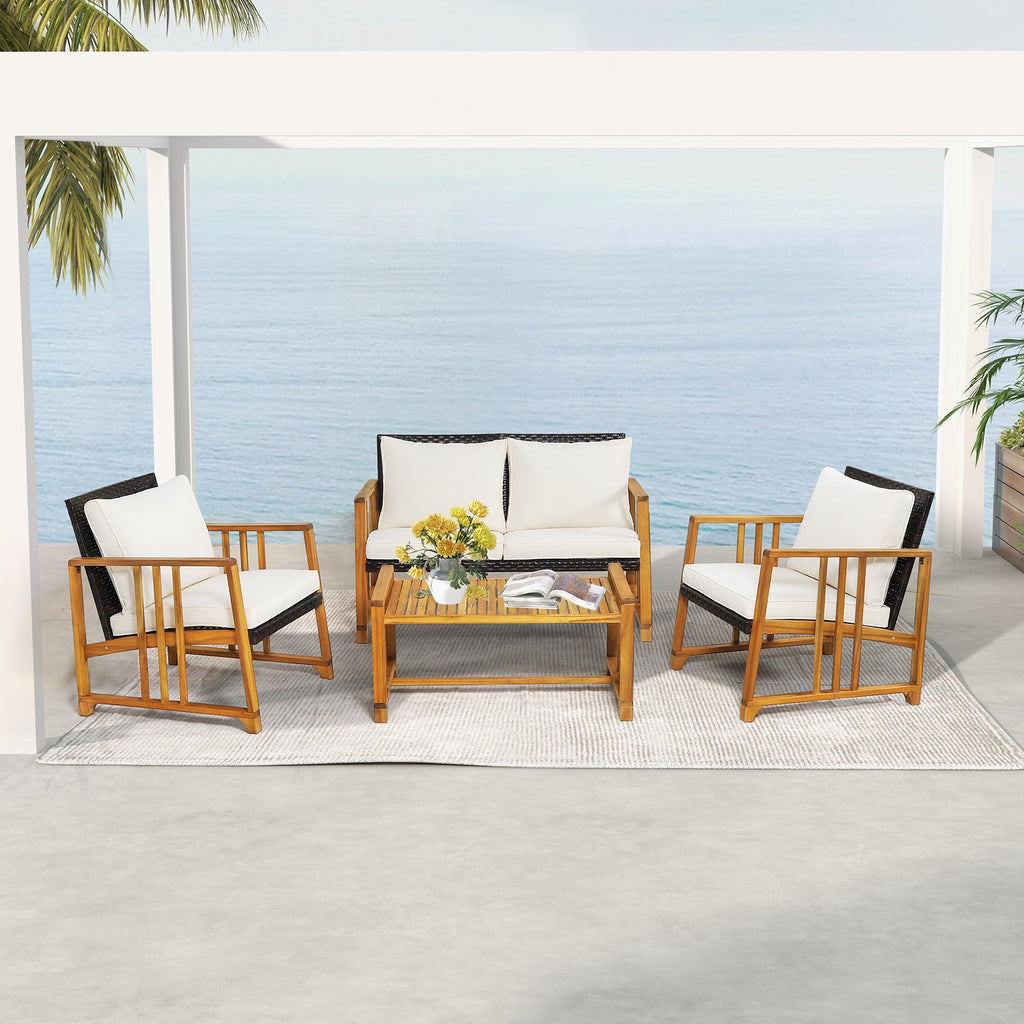 4 Pieces Patio Rattan Conversation Set with Seat and Back Cushions-Off White