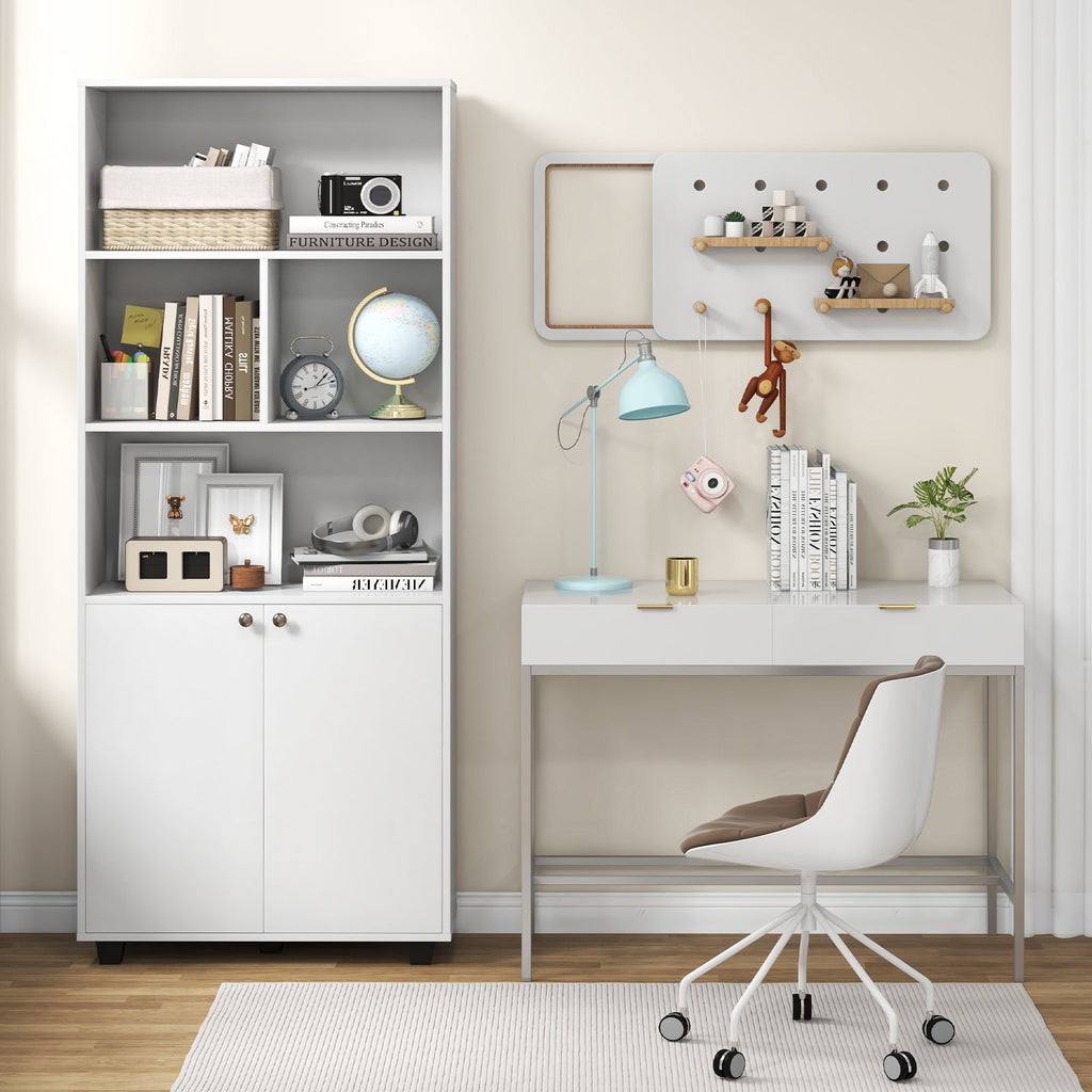 66 Inch Tall Double-Door Bookcase with Adjustable Shelf and Storage Cubes-White