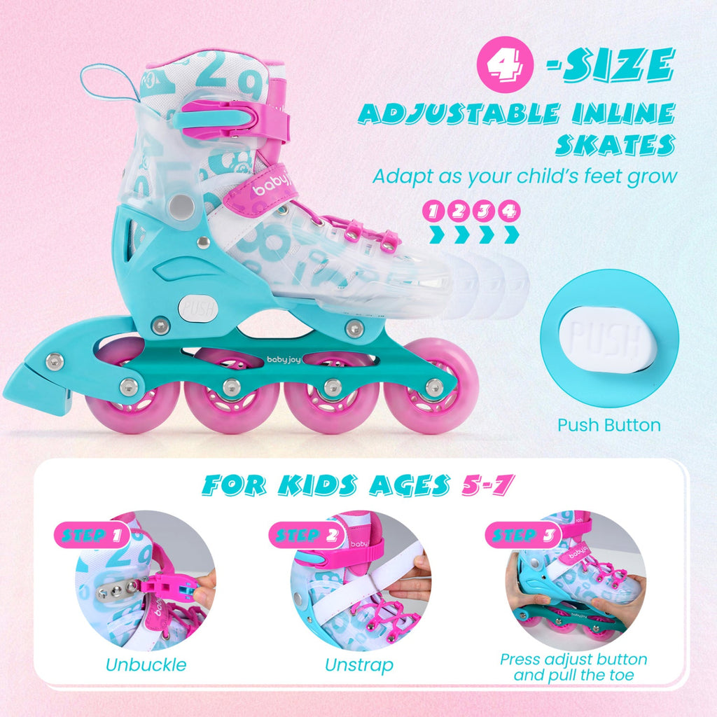 4-Size Adjustable Kids Inline Skates for Beginners Ages 5-7