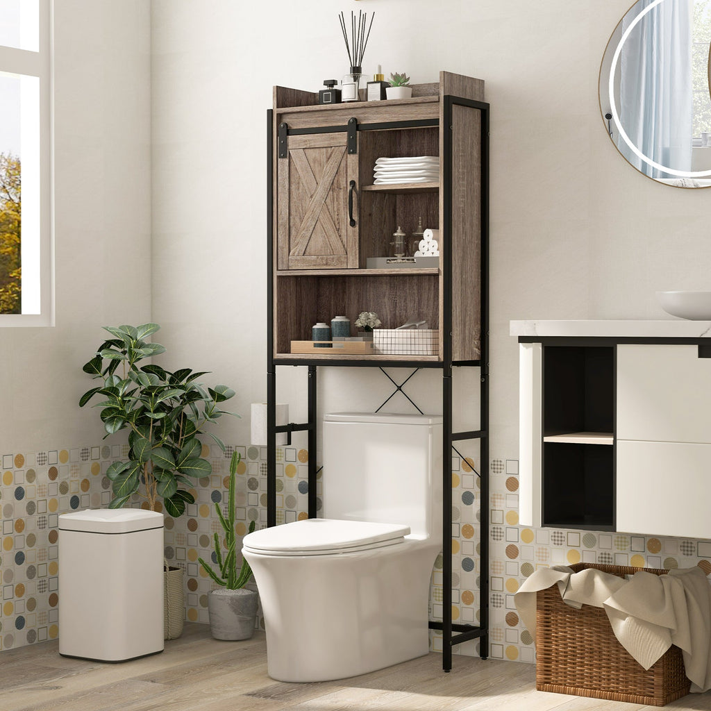 4-Tier Multifunctional Toilet Sorage Cabinet with Adjustable Shelf and Sliding Barn Door