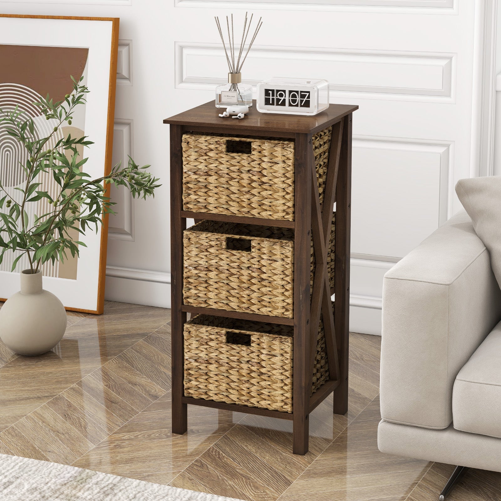 3/4-Tier Nightstand with 2 Seagrass Baskets Narrow X-Design-3
