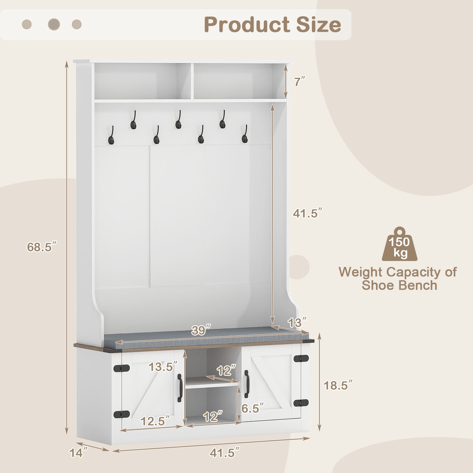 4-in-1 68.5 Inch Tall Coat Rack with Cushioned Bench and Shoe Storage-White