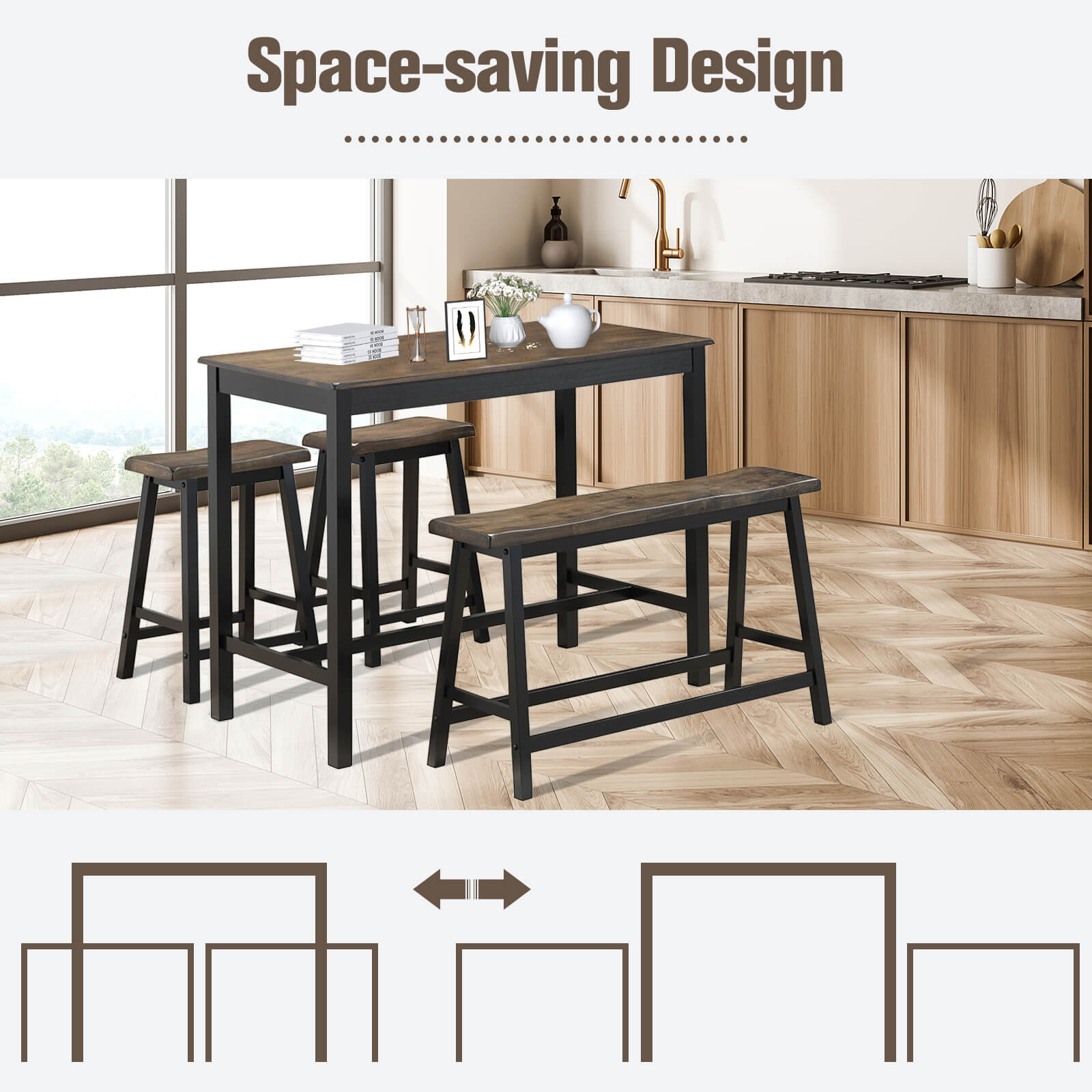 4 Piece Solid Wood Counter Height Dining Table Set-Coffee