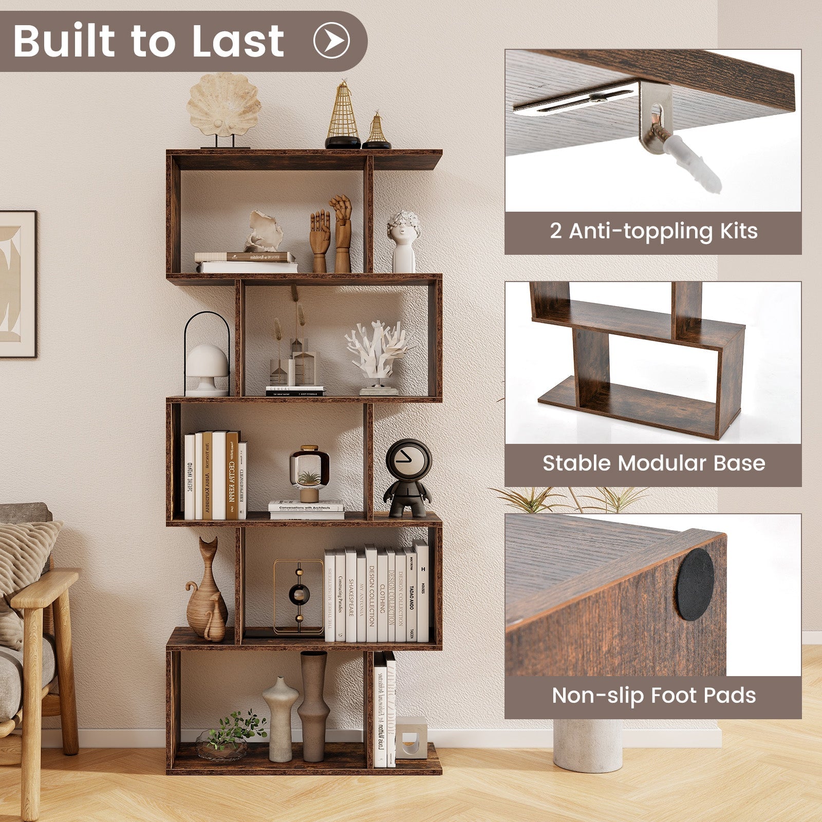 5-Tier Bookshelf with Anti-Toppling Device for Living Room Home Office