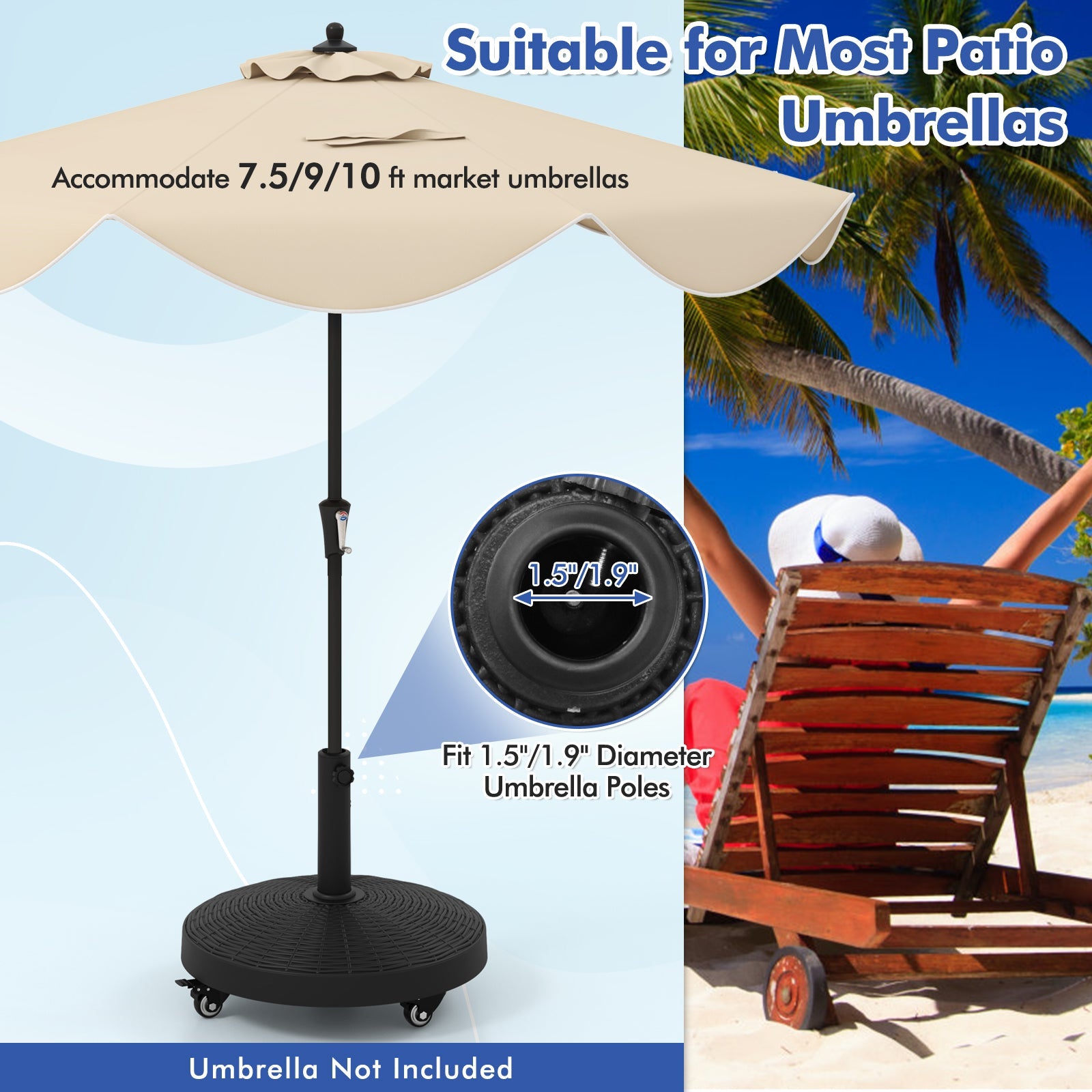 50 LBS Patio Wicker Style Resin Umbrella Base Stand Heavy Duty with Wheels