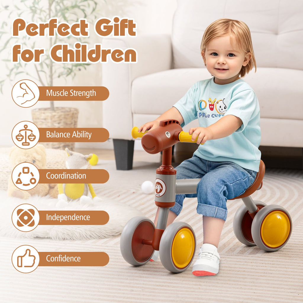 Baby Balance Bike No Pedal 4-Wheel Bicycle-Brown