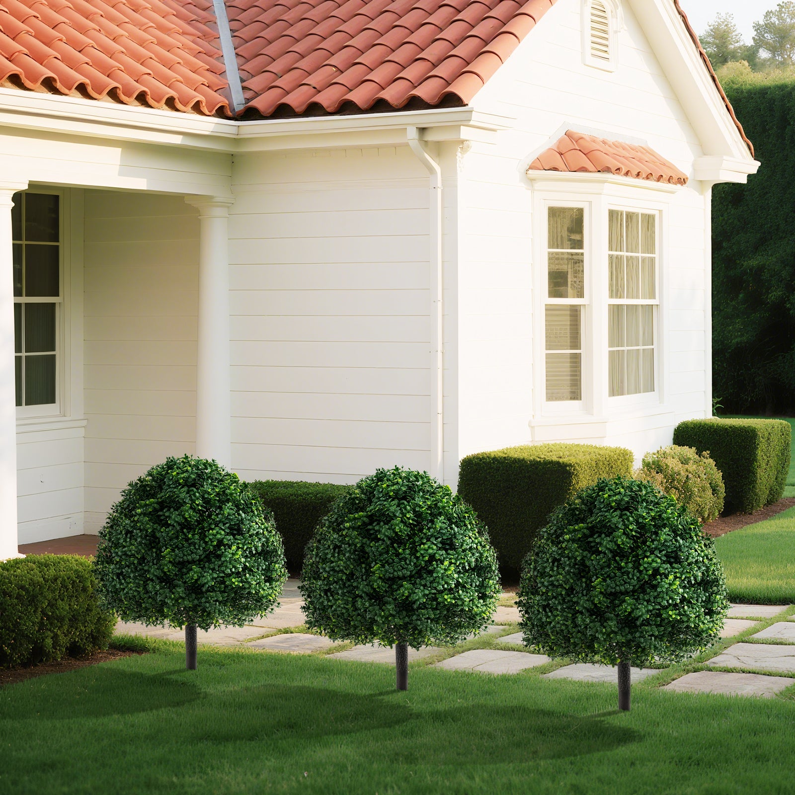 28 Inches Artificial Boxwood Topiary Ball Tree Set of 2 with Ground Spike-Green