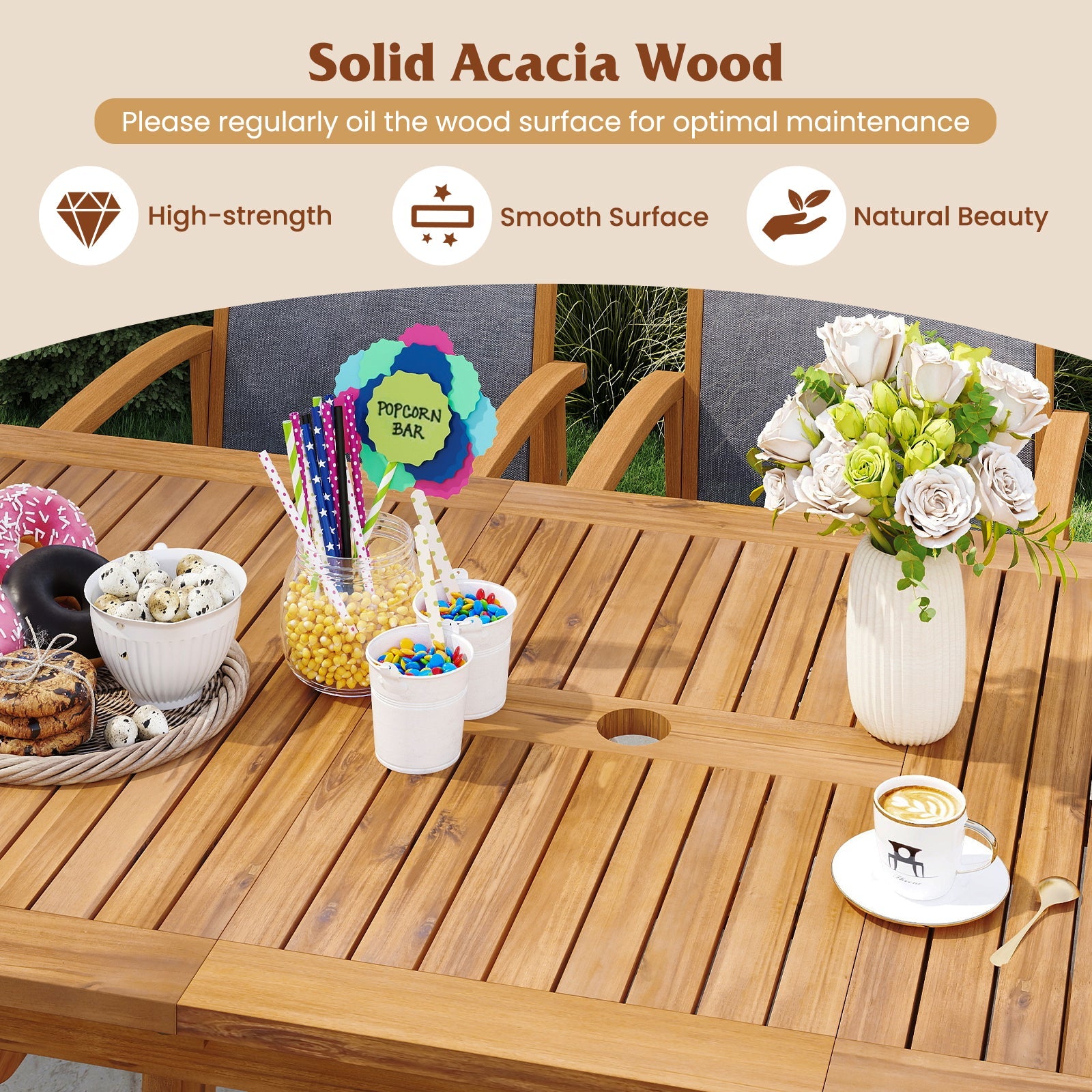 55 Inch Patio Dining Table Expandable for 6-8 People with Umbrella Hole