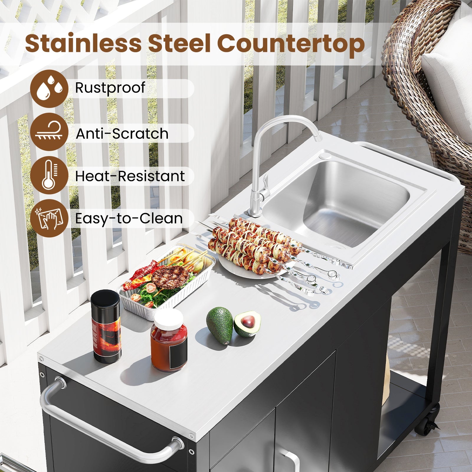 56 Inches Outdoor Grill Table with Sink and Stainless Steel Top-Black