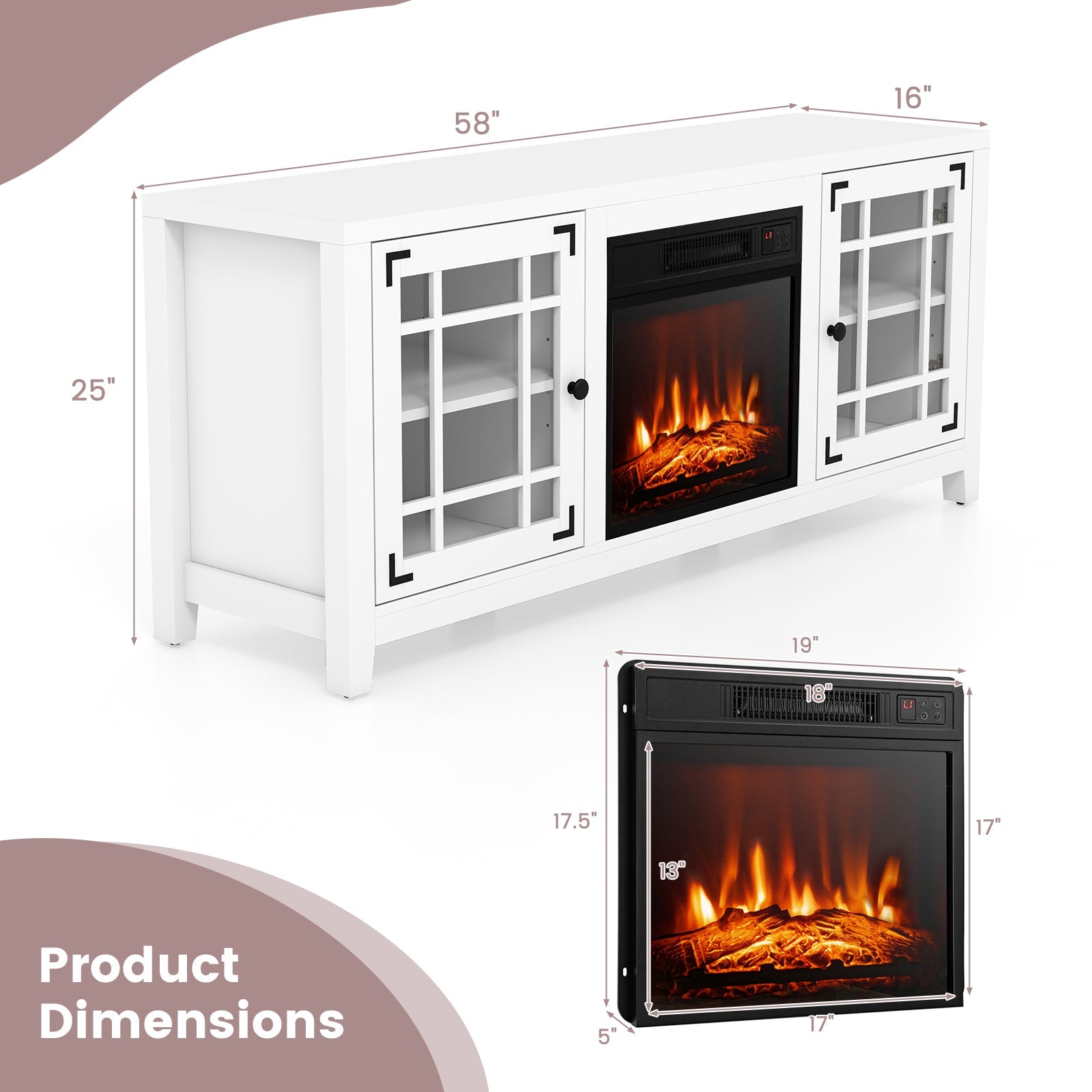 58 Inch Fireplace TV Stand with Adjustable Shelves for TVs up to 65 Inch-White