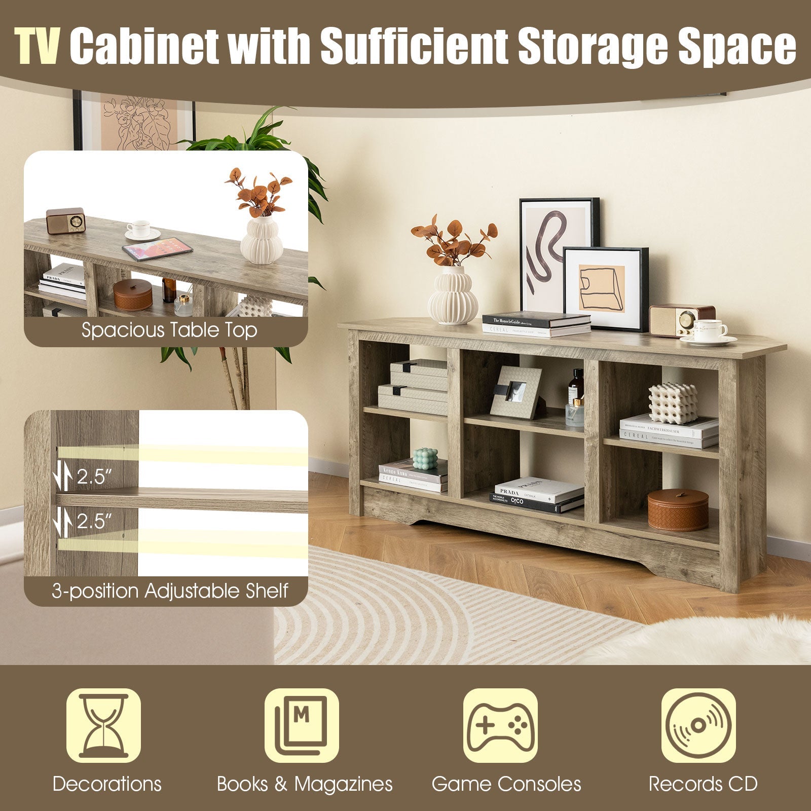 58 Inch TV Stand with 6 Open Storage Shelves for TVs up to 65 Inches
