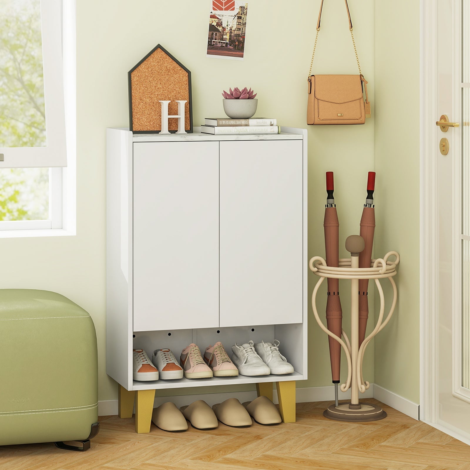 5-Tier Shoe Cabinet with Faux Marble Countertop and Flat Tilting Shelves-White