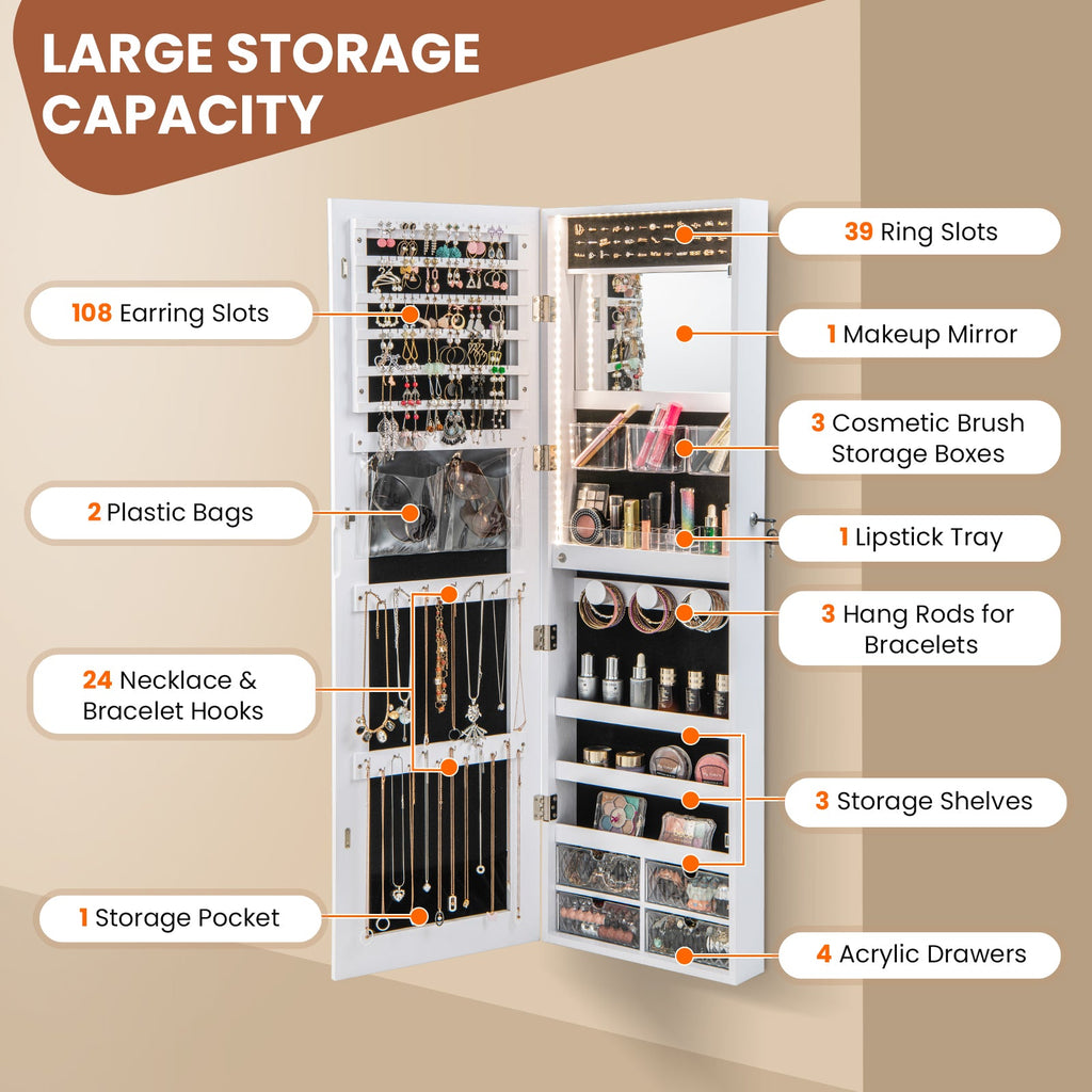 Wall Mounted Jewelry Cabinet with 3-Color Lights
