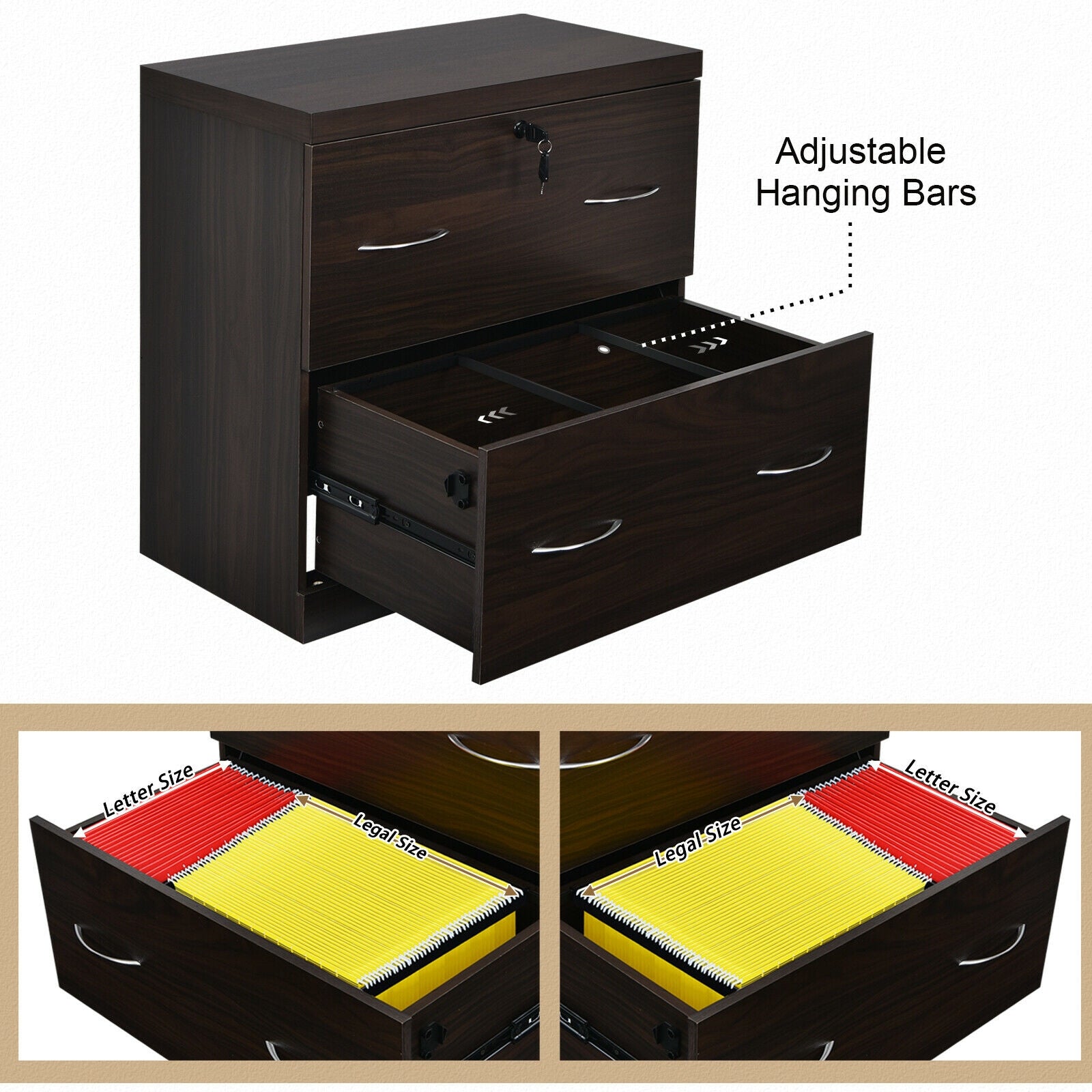 2-Drawer File Cabinet with Lock Hinging Bar Letter and Legal Size