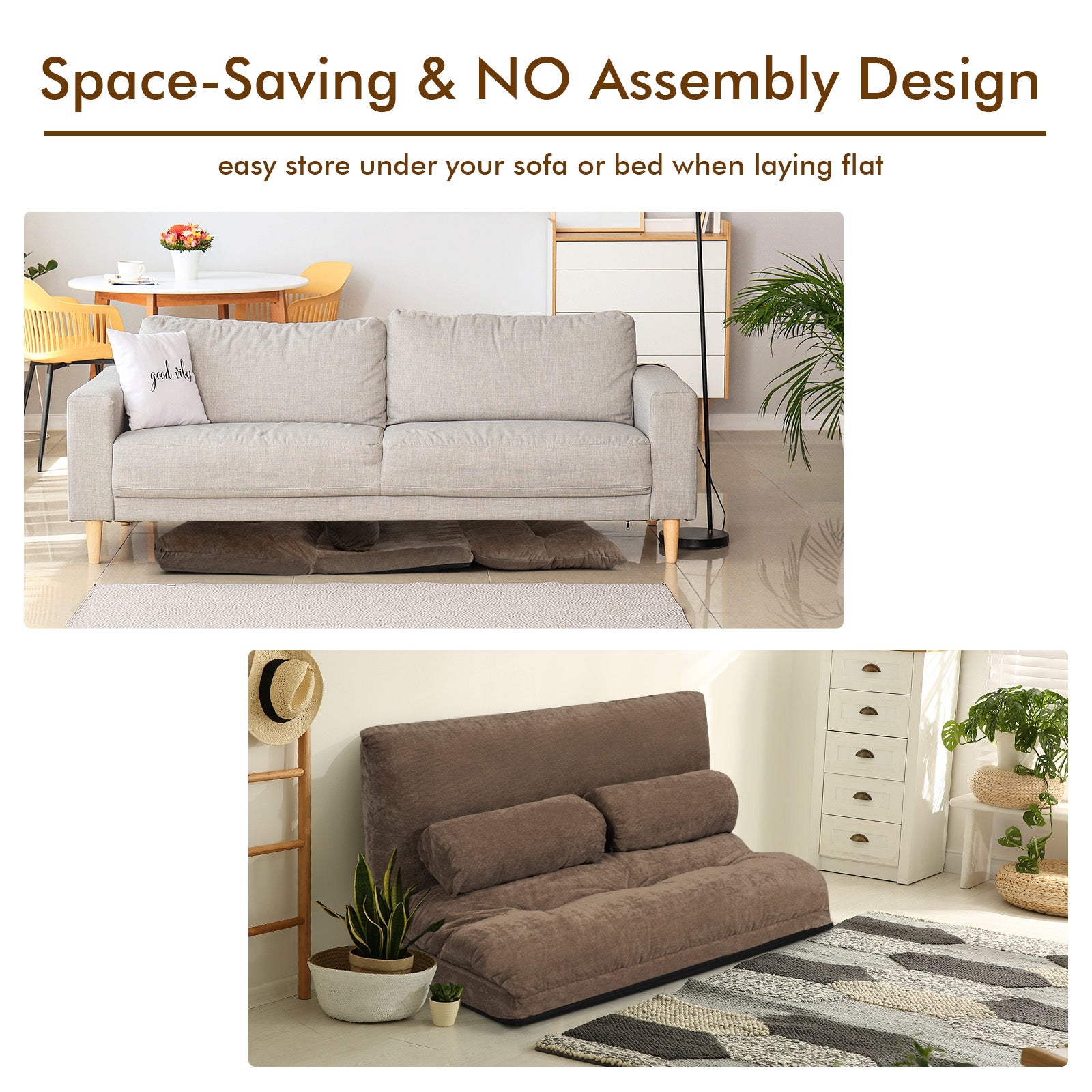 6-Position Adjustable Sleeper Lounge Couch with 2 Pillows
