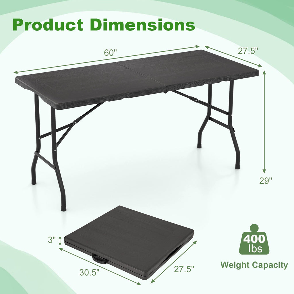 5FT Folding Picnic Table with Wood Grain HDPE Tabletop and Non-slip Foot Pads