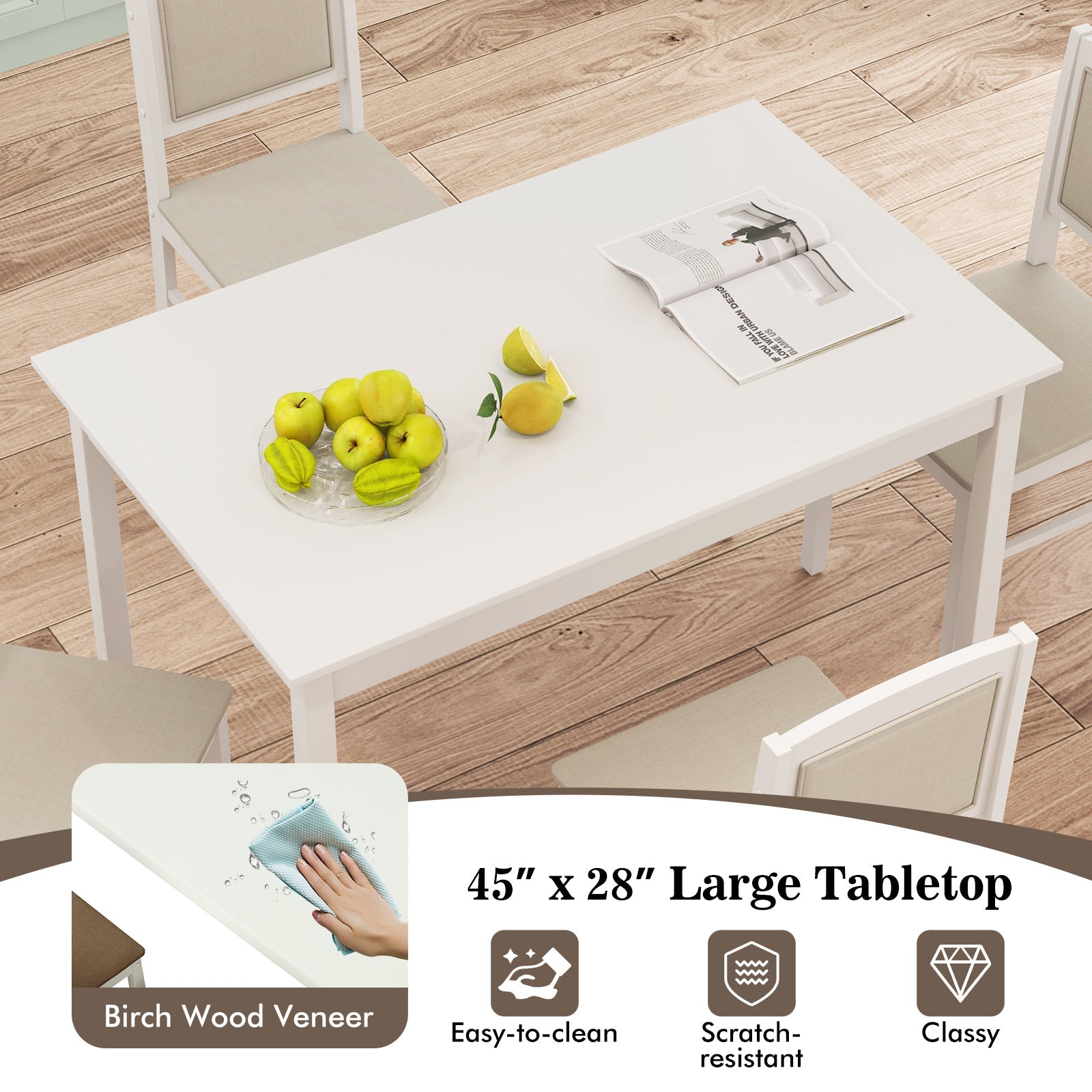 5-Piece Dining Set for 4 with Rubber Wood Legs for Small Dining Room