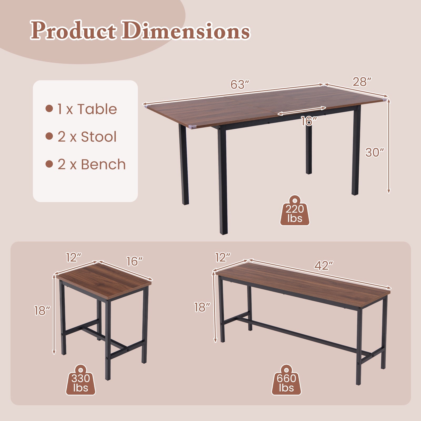 5 Piece Dining Table Set for 4-6 with 2 Benches & 2 Stools for Kitchen Dining Room