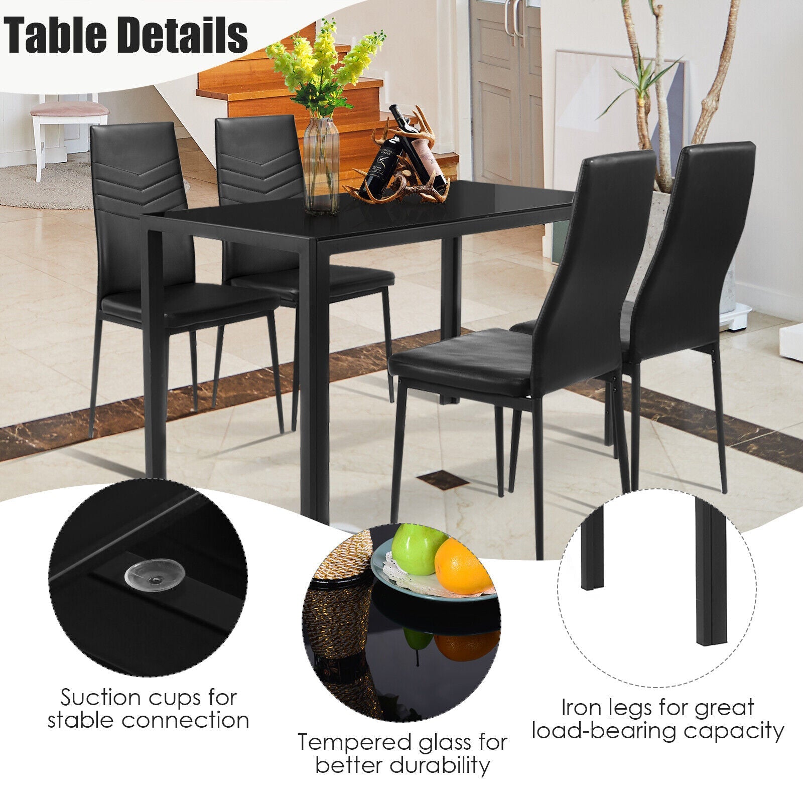 5 Piece Kitchen Dining Set with Glass Metal Table and 4 Chairs