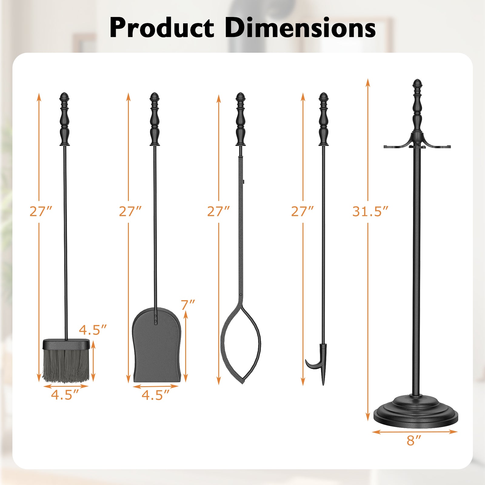 5-Pieces Fireplace Tool Set with Poker Tongs Brush Shovel and Round Stand