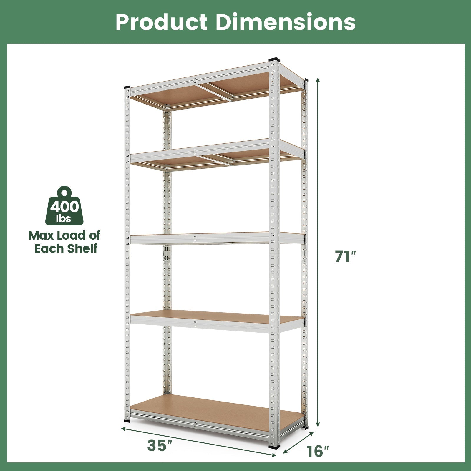 5-Tier Heavy Duty Metal Shelving Unit with 2000 LBS Total Load Capacity