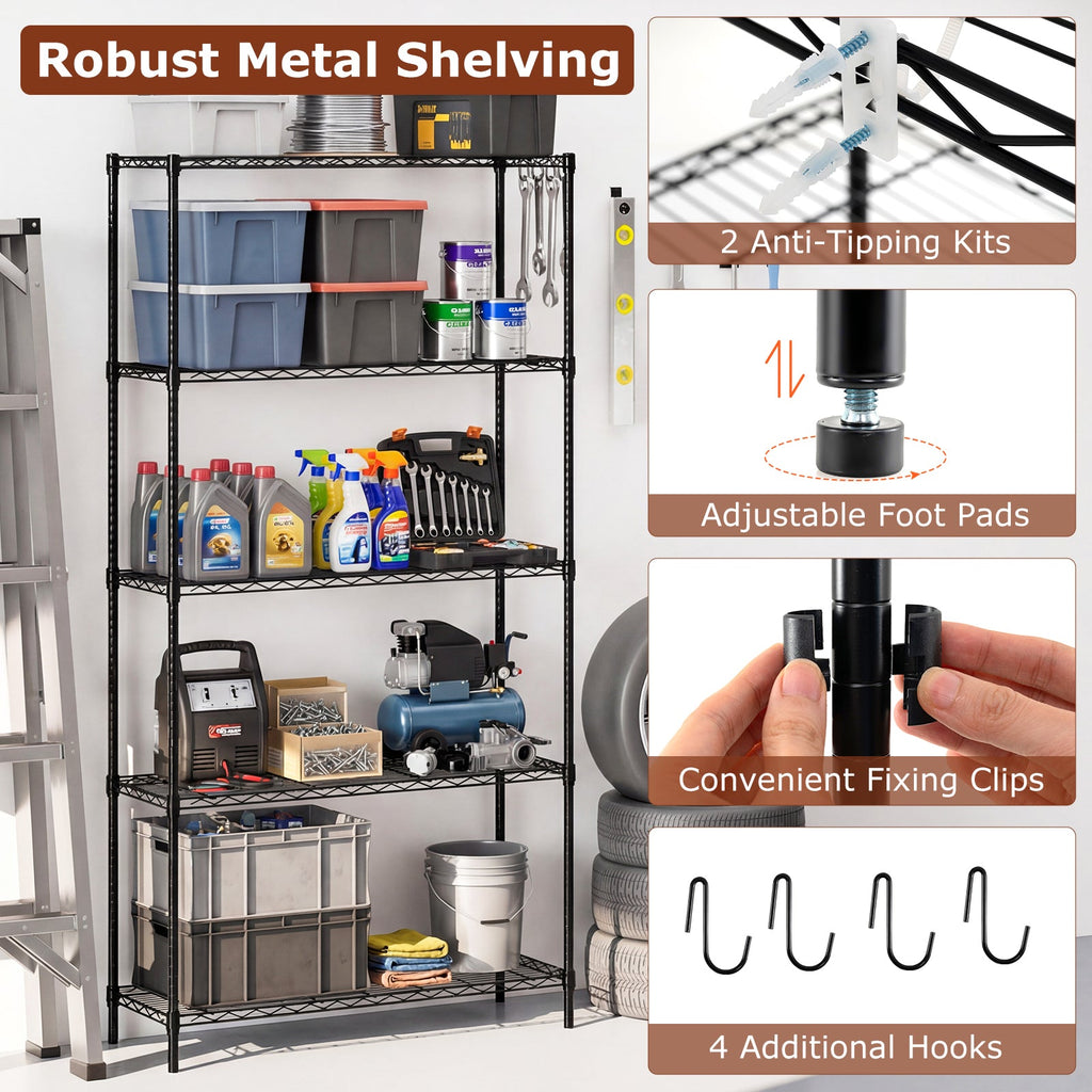 5-Tier Metal Storage Shelving Unit with V-Shaped Wire Rack and 1250 LBS Capacity-Black