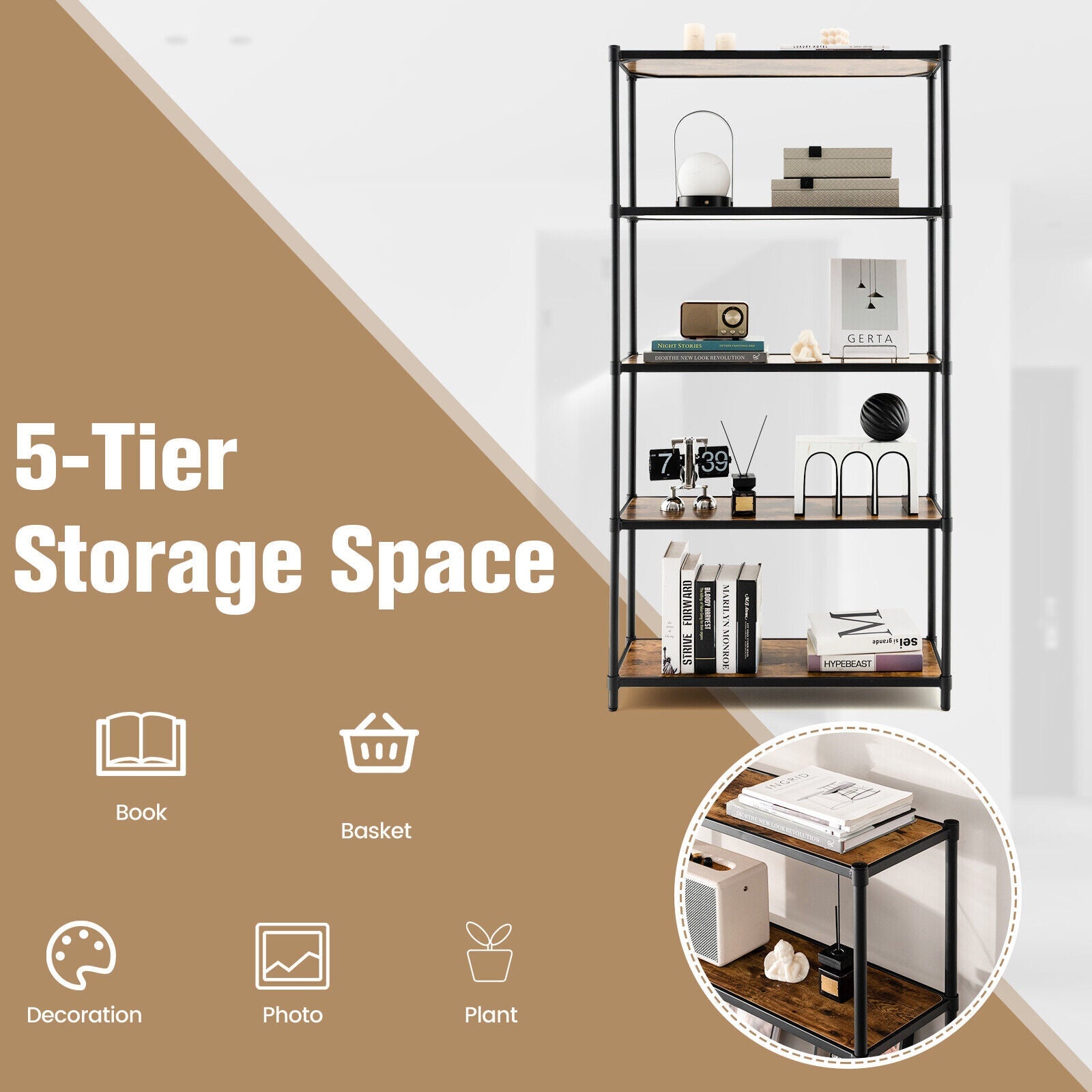 5 Tiers 61 Inch Multi-use Bookshelf with Metal Frame