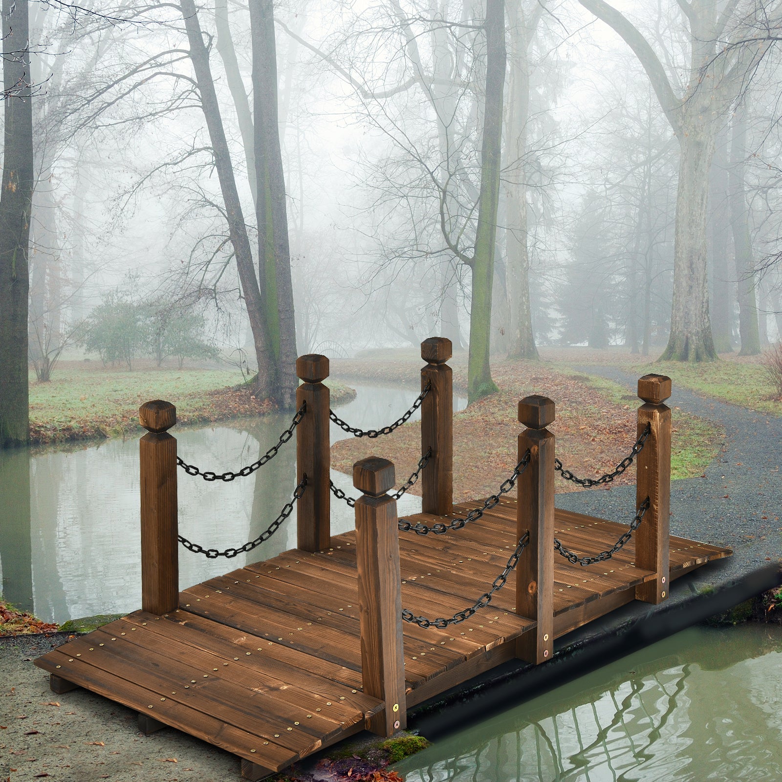 5 Feet Wooden Garden Bridge Arc Footbridge Stained Finish Walkway with Safety Rails